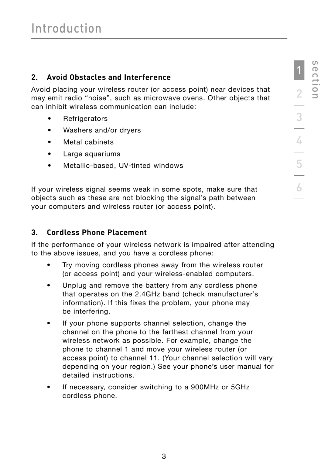 Belkin F5D8073 user manual Avoid Obstacles and Interference, Cordless Phone Placement 