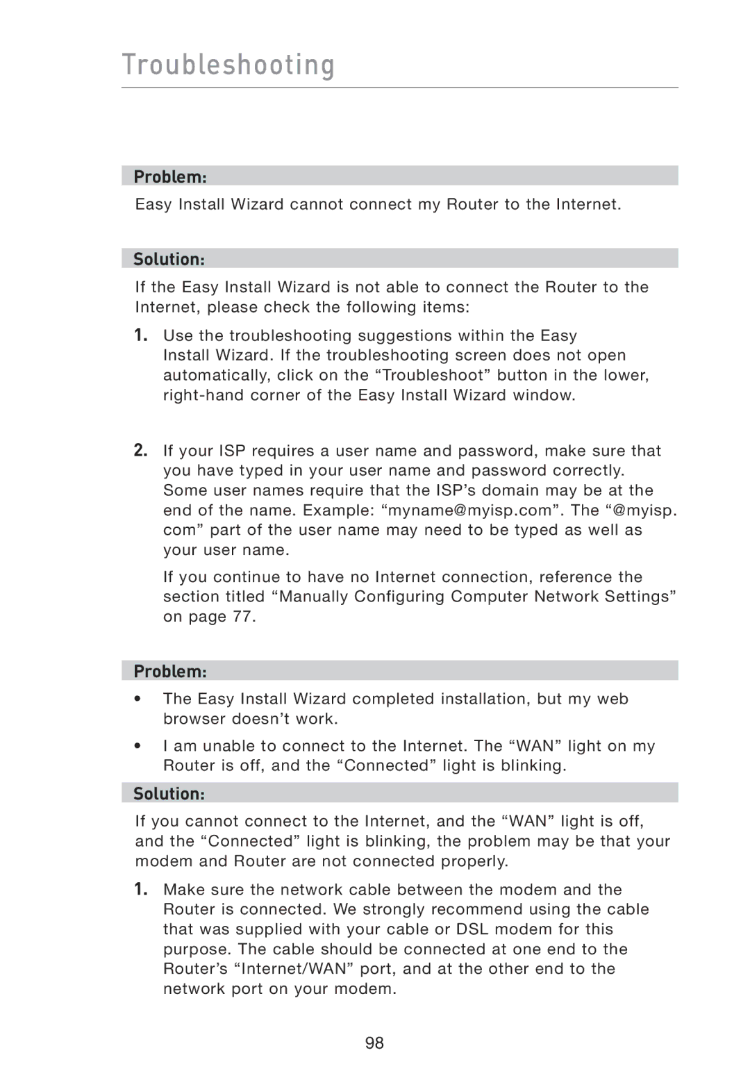 Belkin F5D8230-4 manual Troubleshooting 