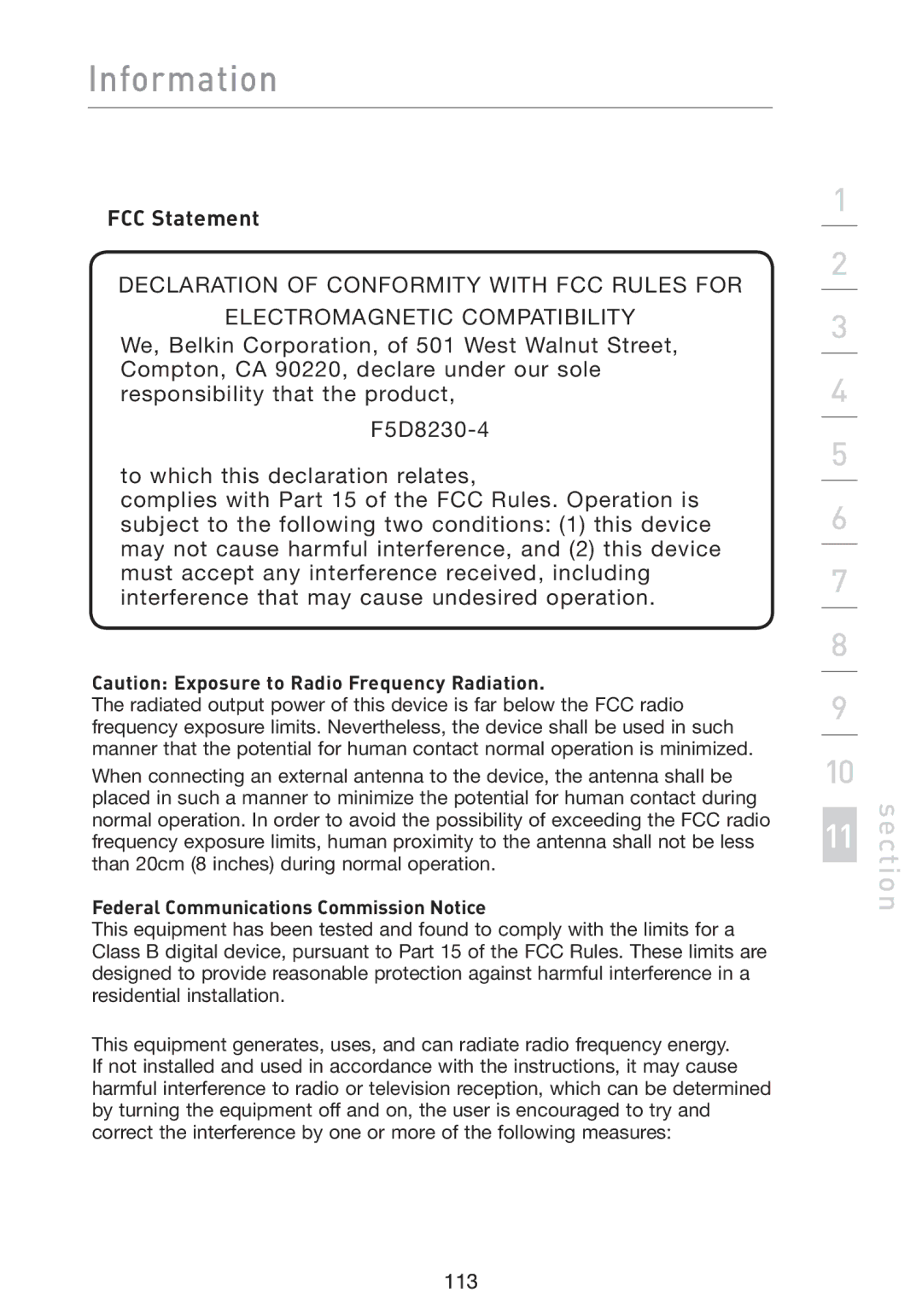 Belkin F5D8230-4 manual Information, FCC Statement 