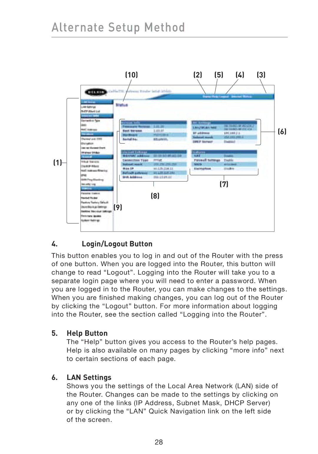 Belkin F5D8230-4 manual Login/Logout Button, Help Button, LAN Settings 