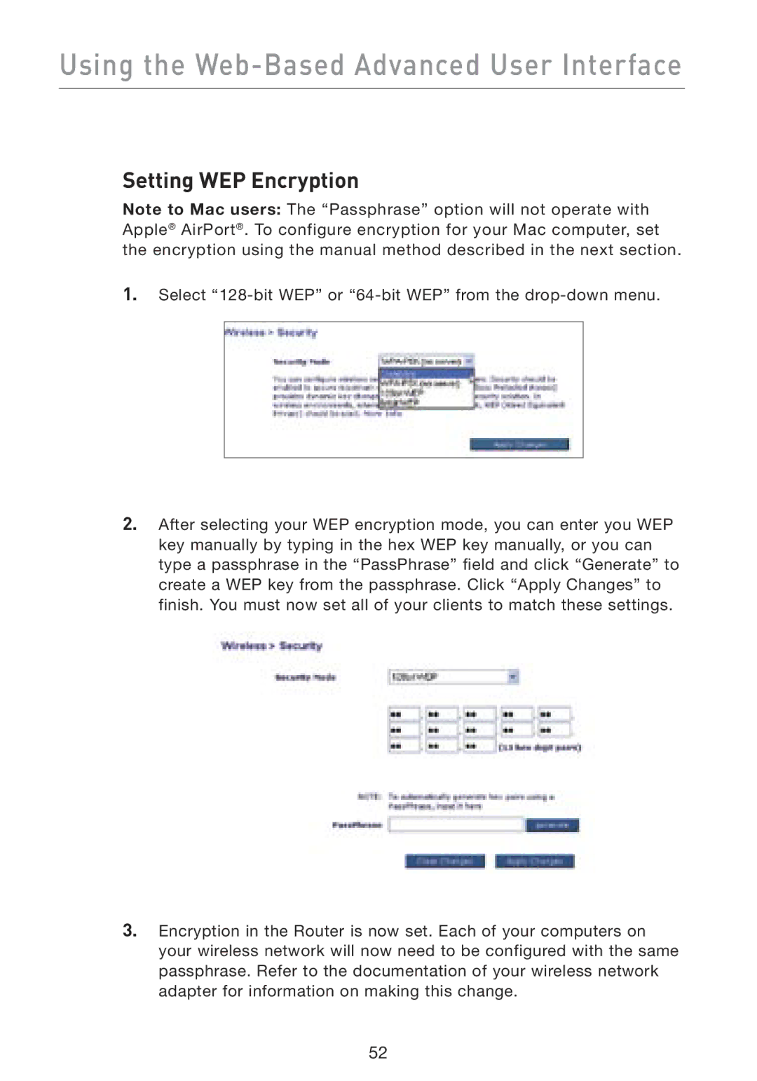 Belkin F5D8230-4 manual Setting WEP Encryption 