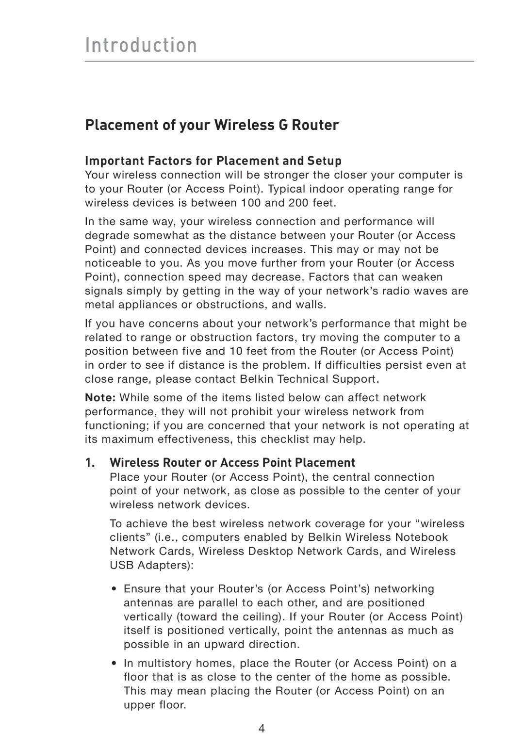 Belkin F5D8230-4 manual Placement of your Wireless G Router, Important Factors for Placement and Setup 