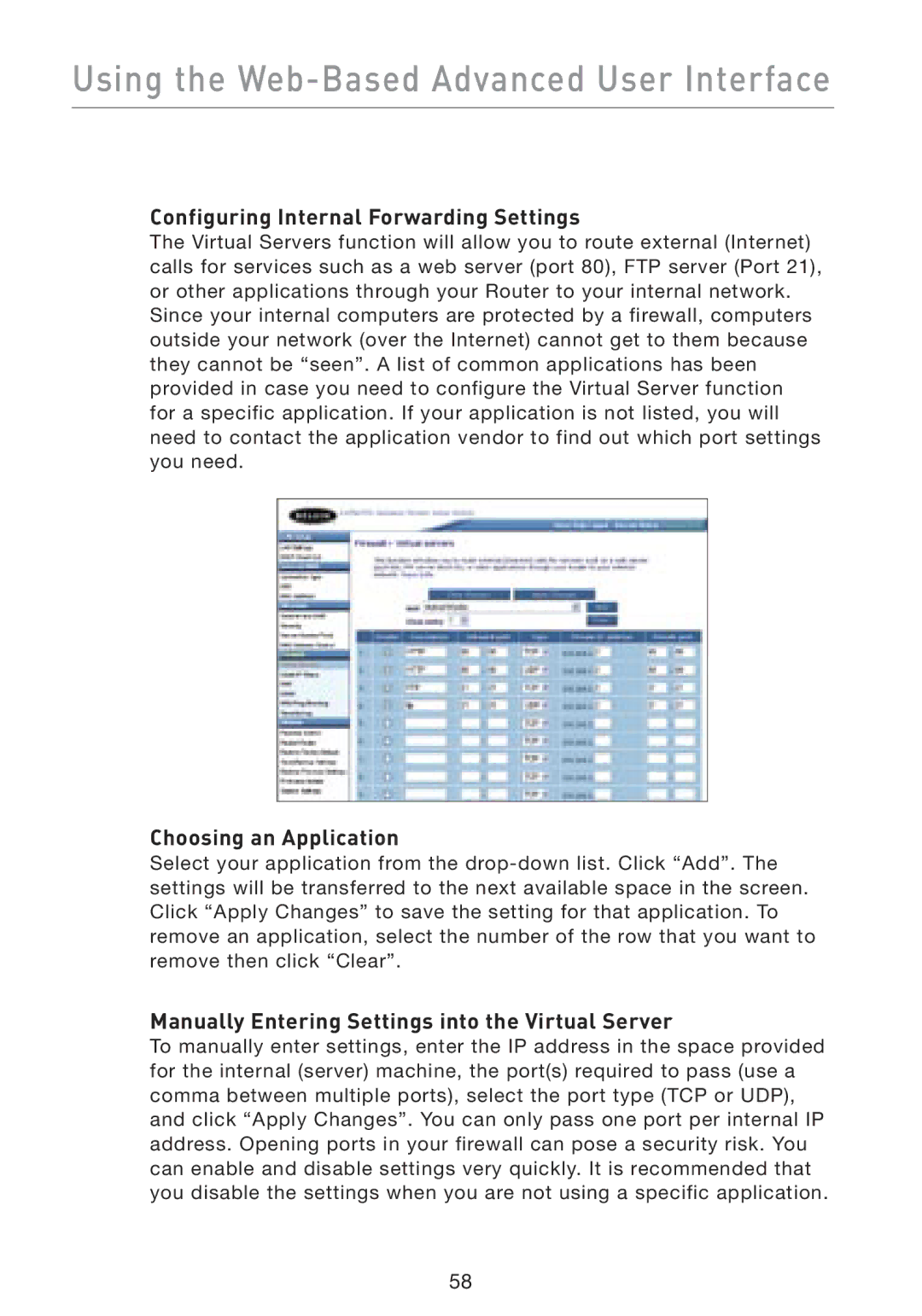 Belkin F5D8230-4 manual Configuring Internal Forwarding Settings, Choosing an Application 