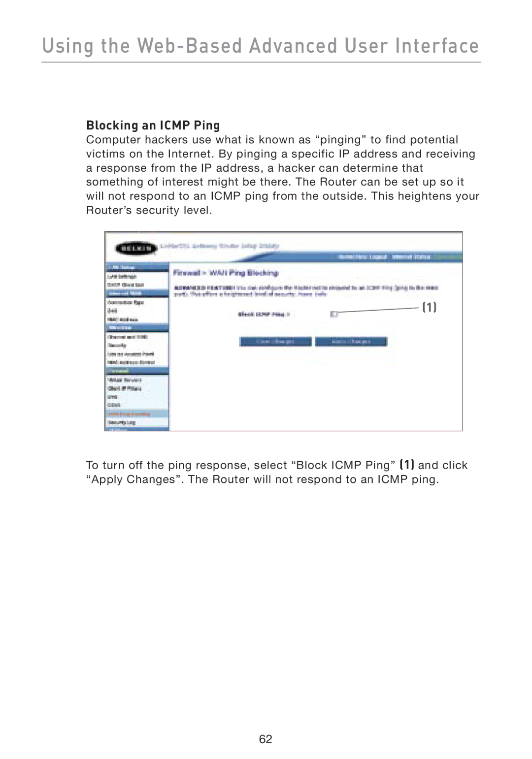 Belkin F5D8230-4 manual Blocking an Icmp Ping 