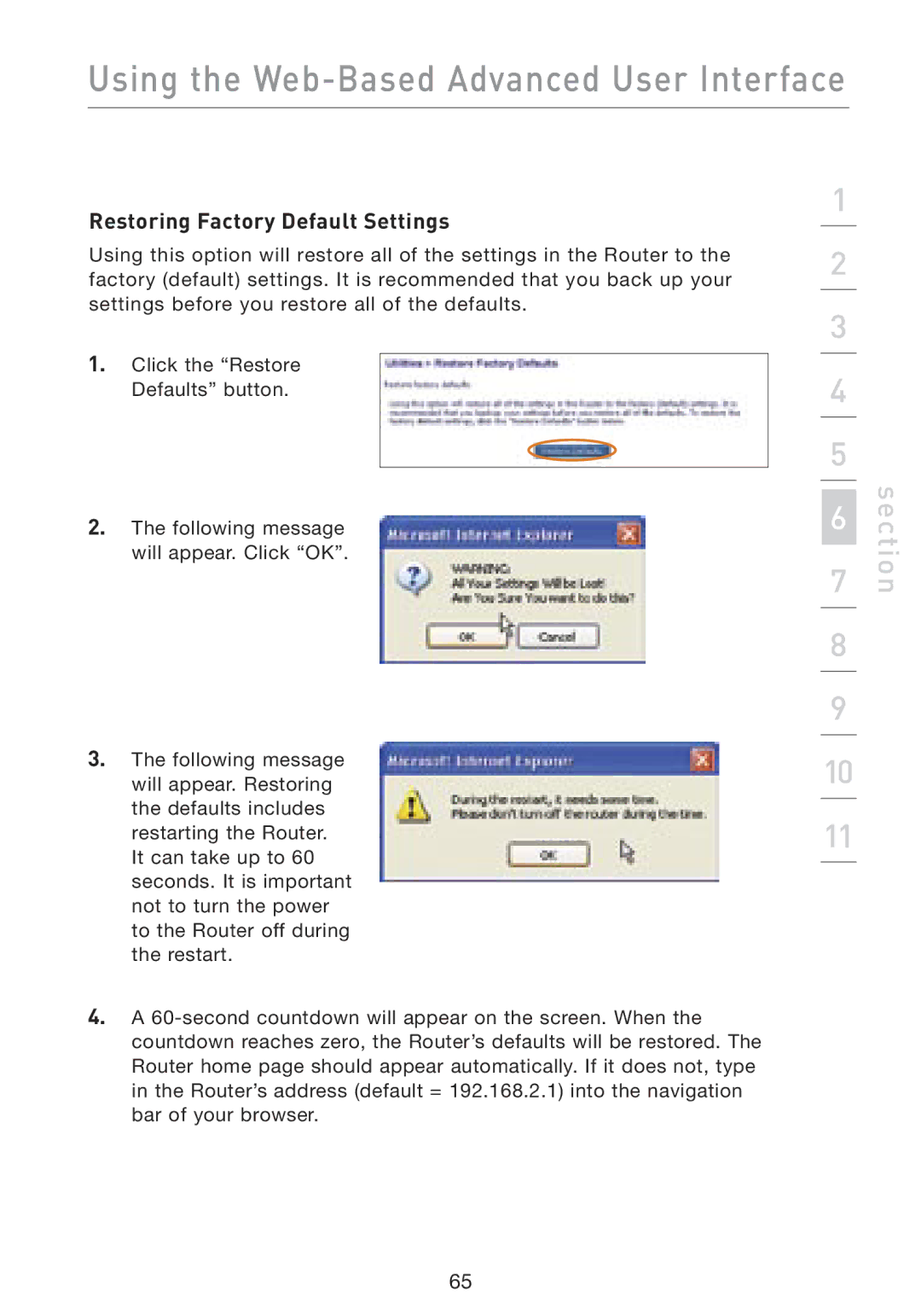 Belkin F5D8230-4 manual Restoring Factory Default Settings 