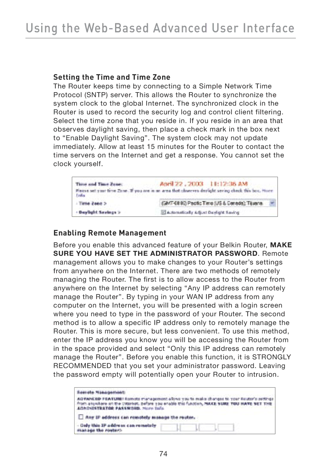 Belkin F5D8230-4 manual Setting the Time and Time Zone, Enabling Remote Management 