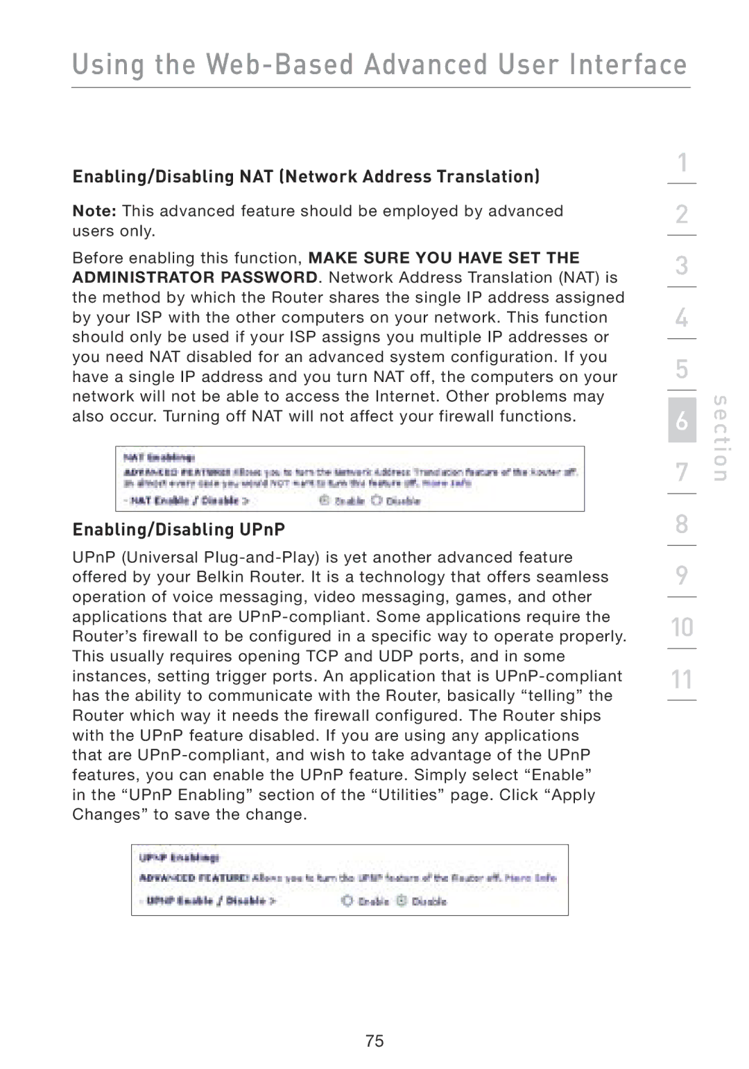 Belkin F5D8230-4 manual Enabling/Disabling NAT Network Address Translation, Enabling/Disabling UPnP 