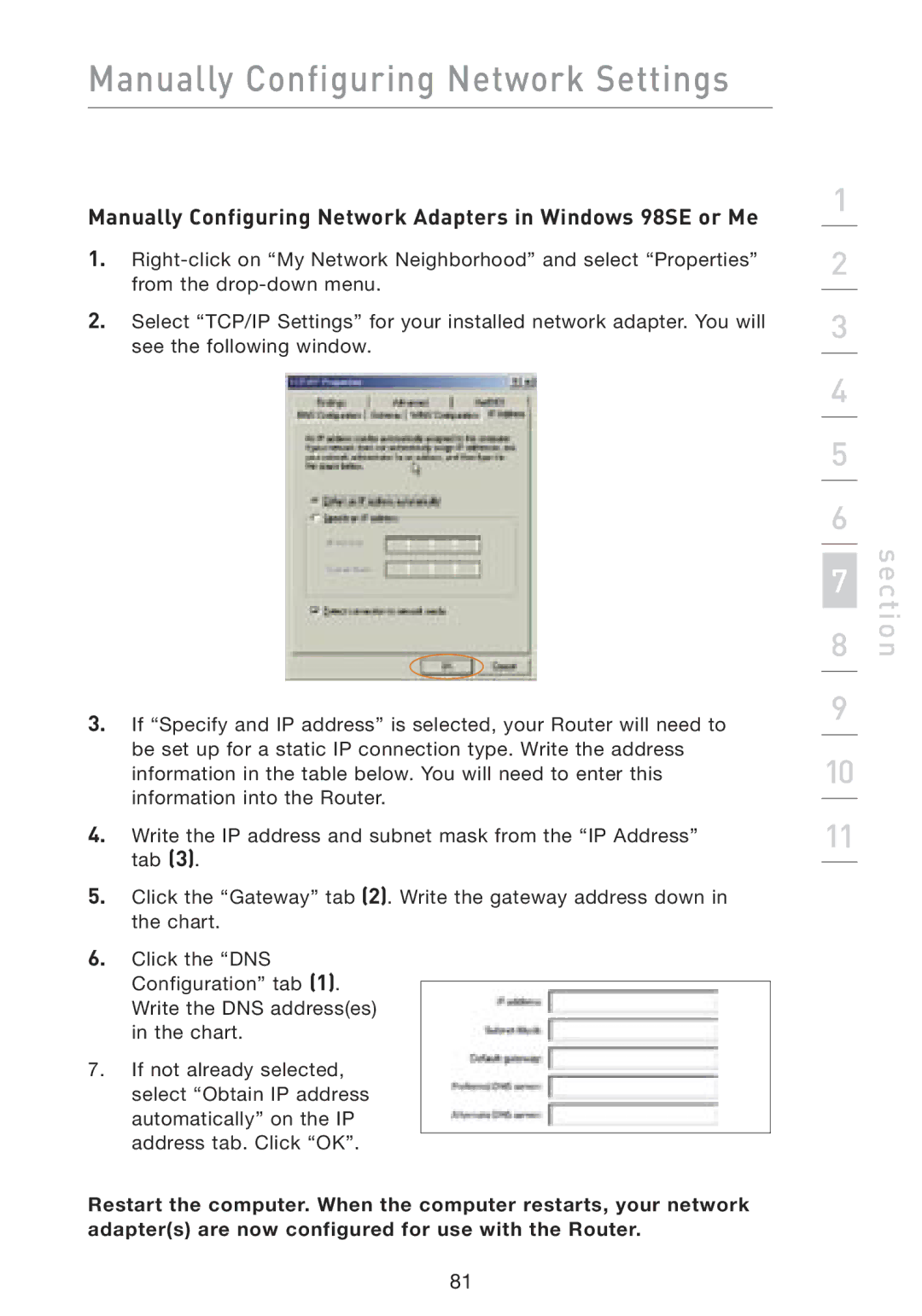 Belkin F5D8230-4 manual Manually Configuring Network Adapters in Windows 98SE or Me 