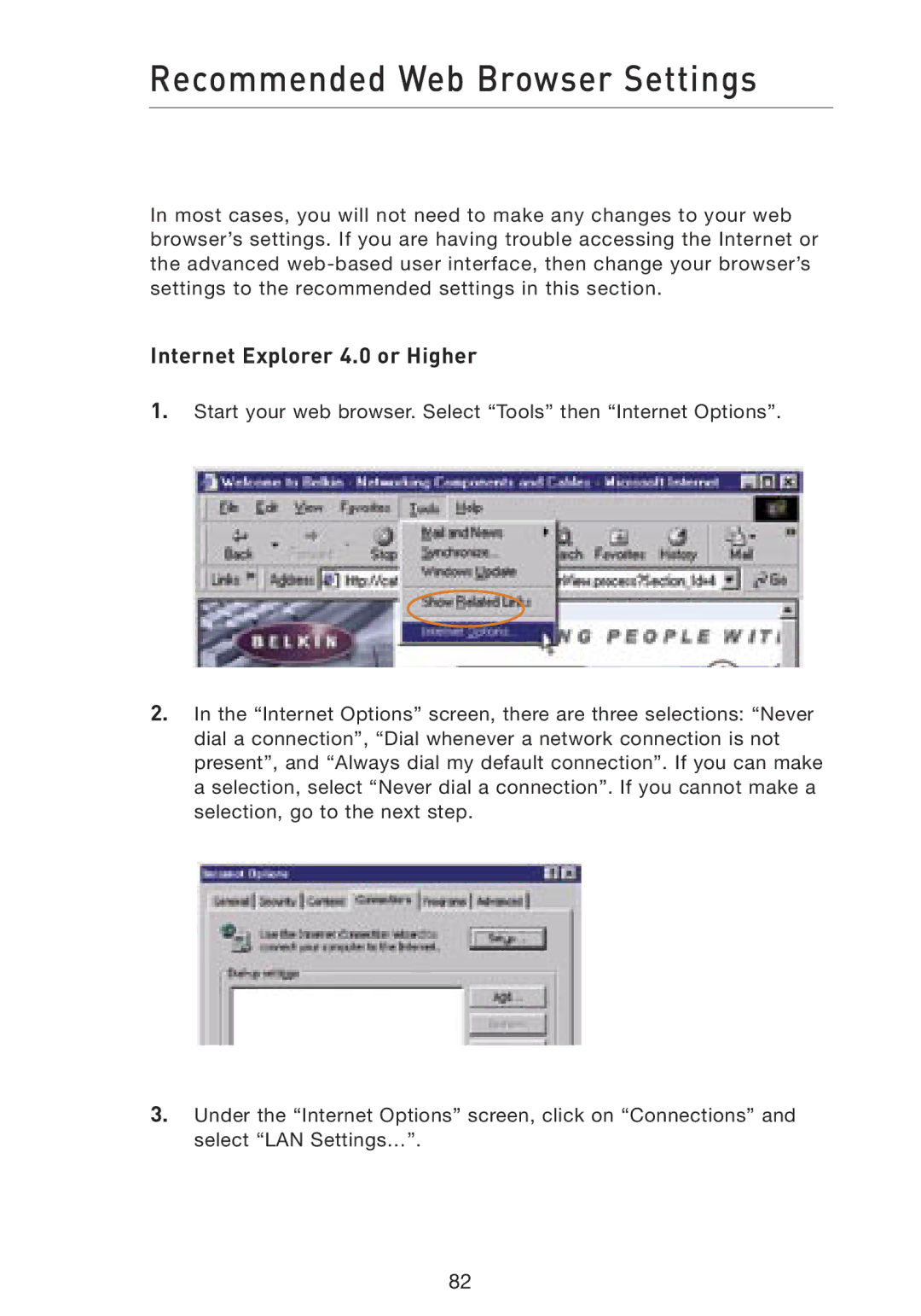 Belkin F5D8230-4 manual Recommended Web Browser Settings, Internet Explorer 4.0 or Higher 