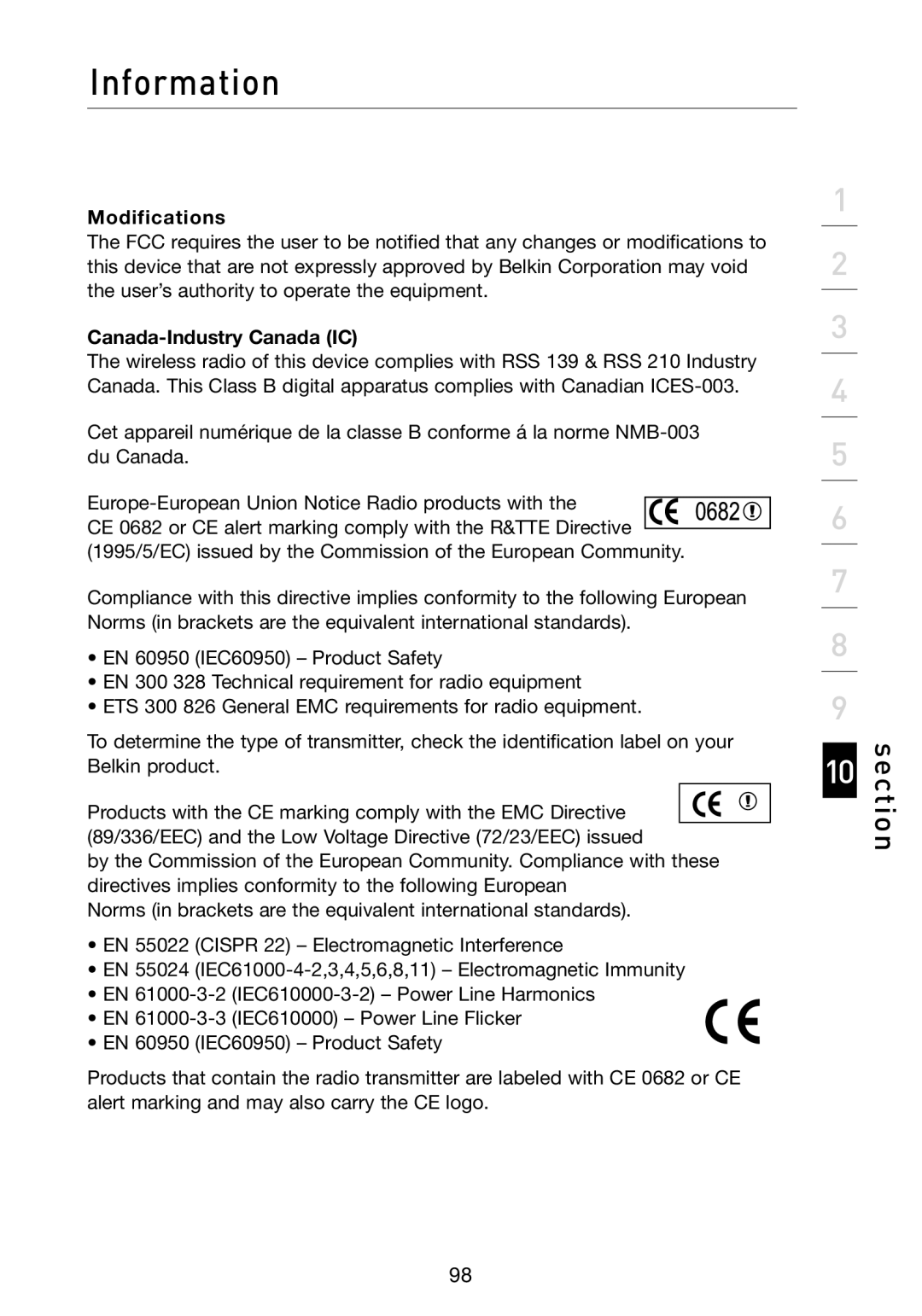 Belkin F5D8231-4 user manual Modifications, Canada-Industry Canada IC 