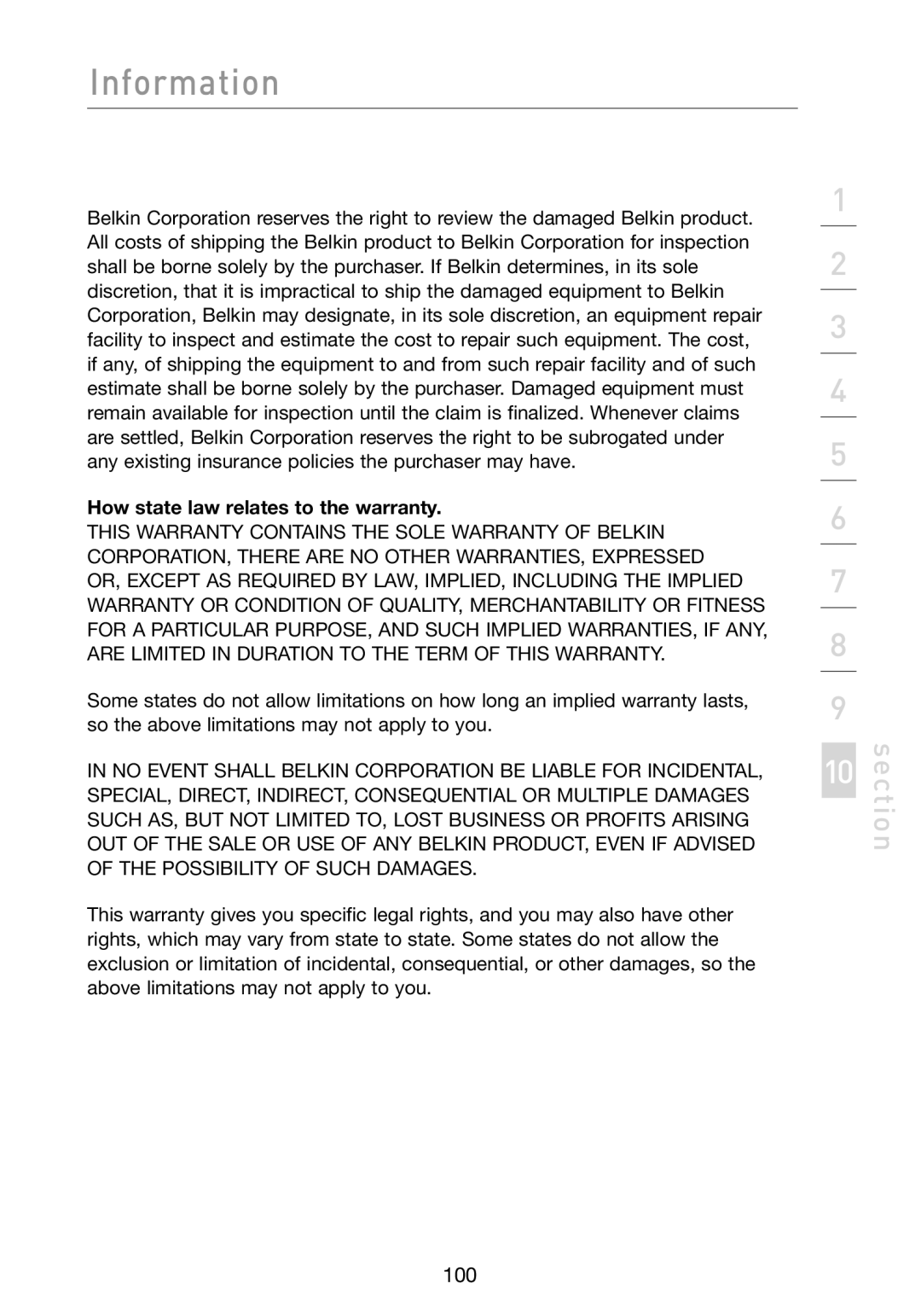 Belkin F5D8231-4 user manual How state law relates to the warranty 