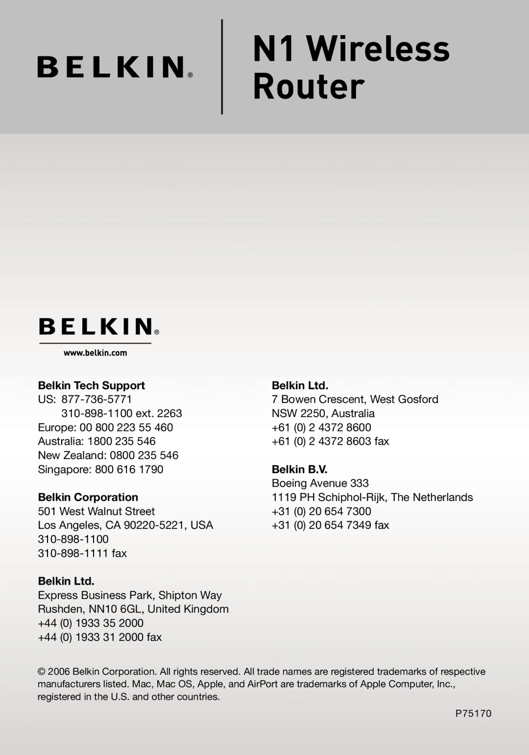 Belkin F5D8231-4 user manual Belkin Tech Support, Belkin B.V, Belkin Corporation 