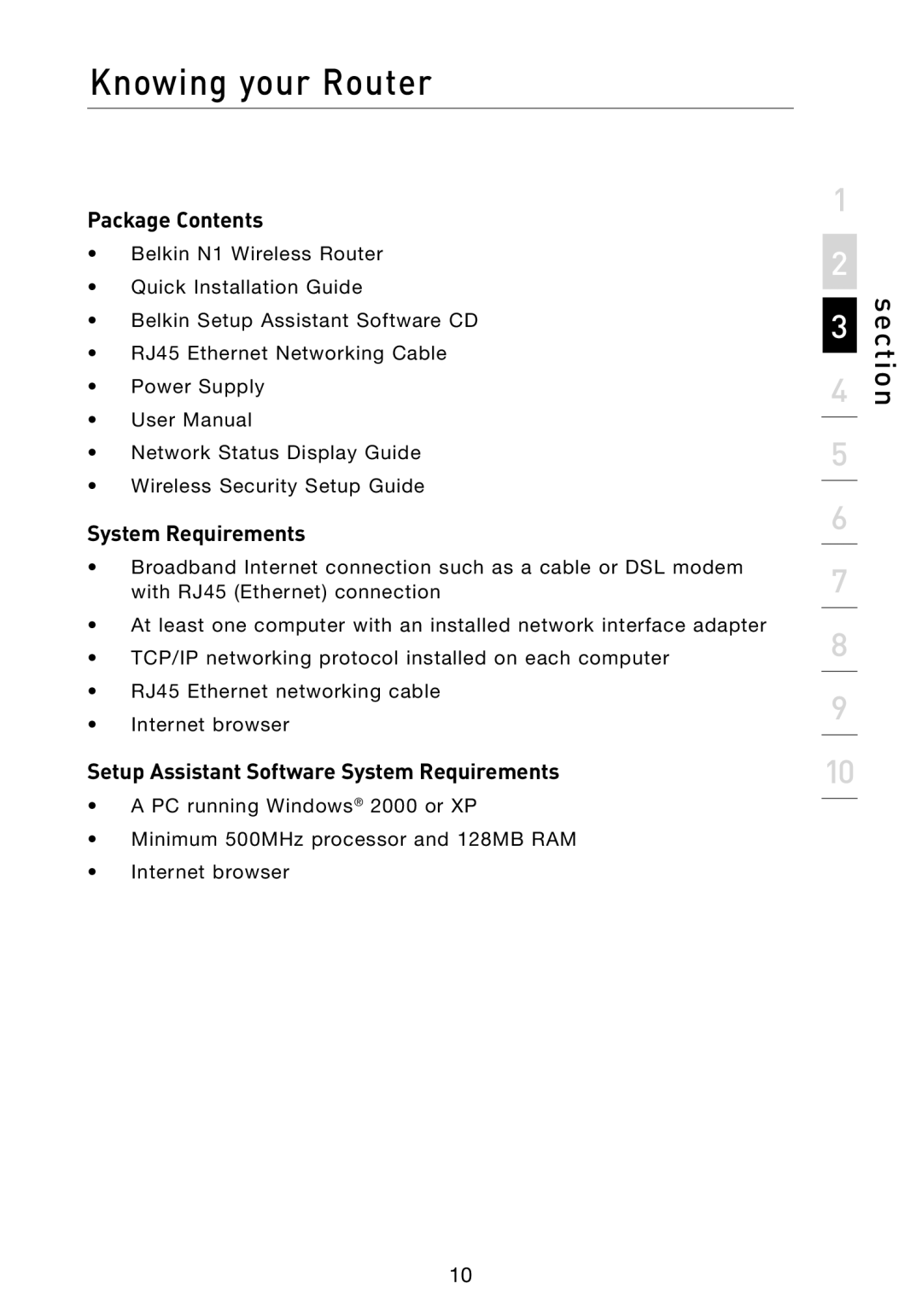 Belkin F5D8231-4 user manual Knowing your Router, Package Contents, Setup Assistant Software System Requirements 