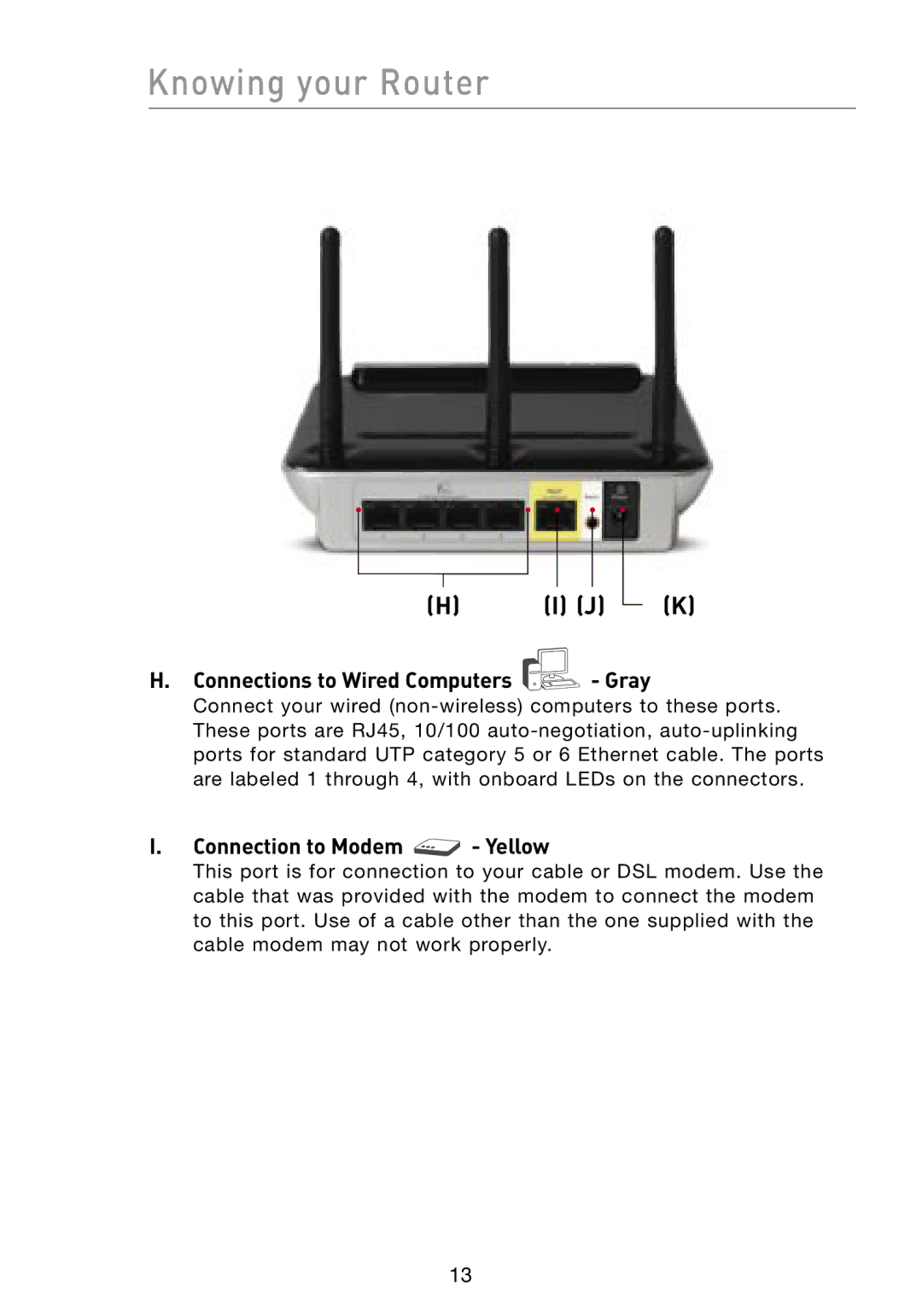 Belkin F5D8231-4 user manual Connections to Wired Computers Gray, Connection to Modem Yellow 