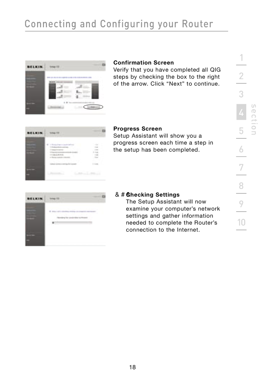 Belkin F5D8231-4 user manual Confirmation Screen, Progress Screen, Checking Settings 