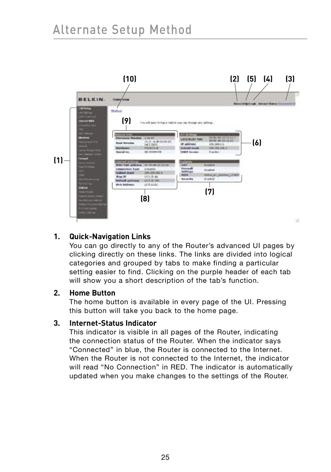 Belkin F5D8231-4 user manual Quick-Navigation Links, Home Button, Internet-Status Indicator 