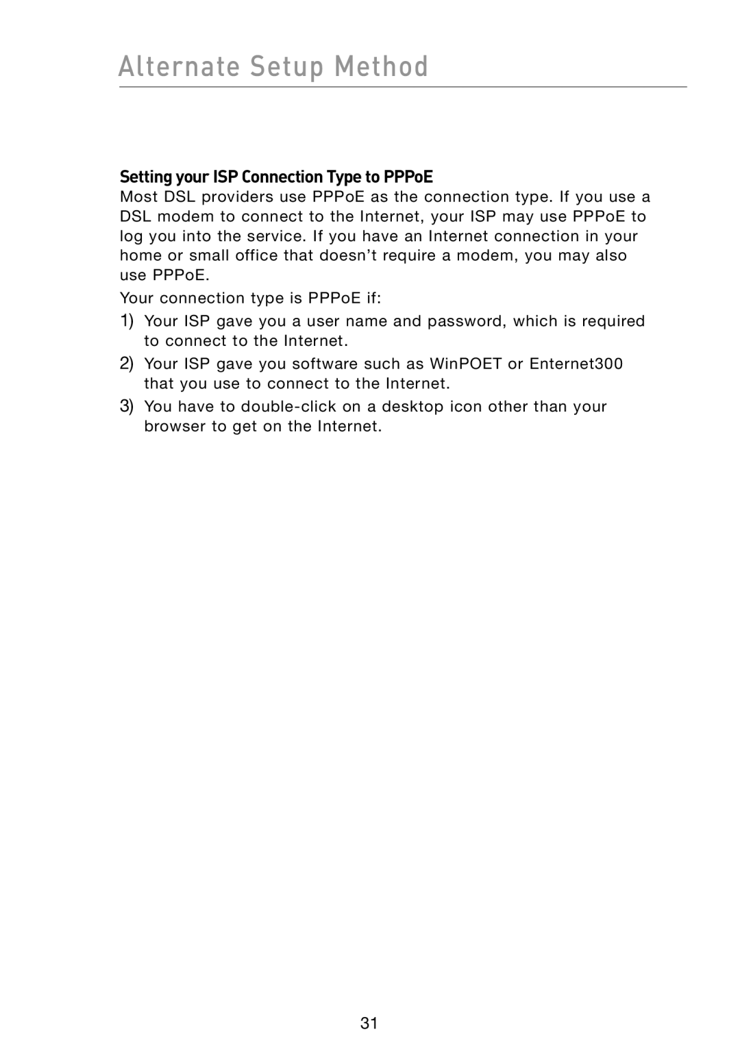 Belkin F5D8231-4 user manual Setting your ISP Connection Type to PPPoE 