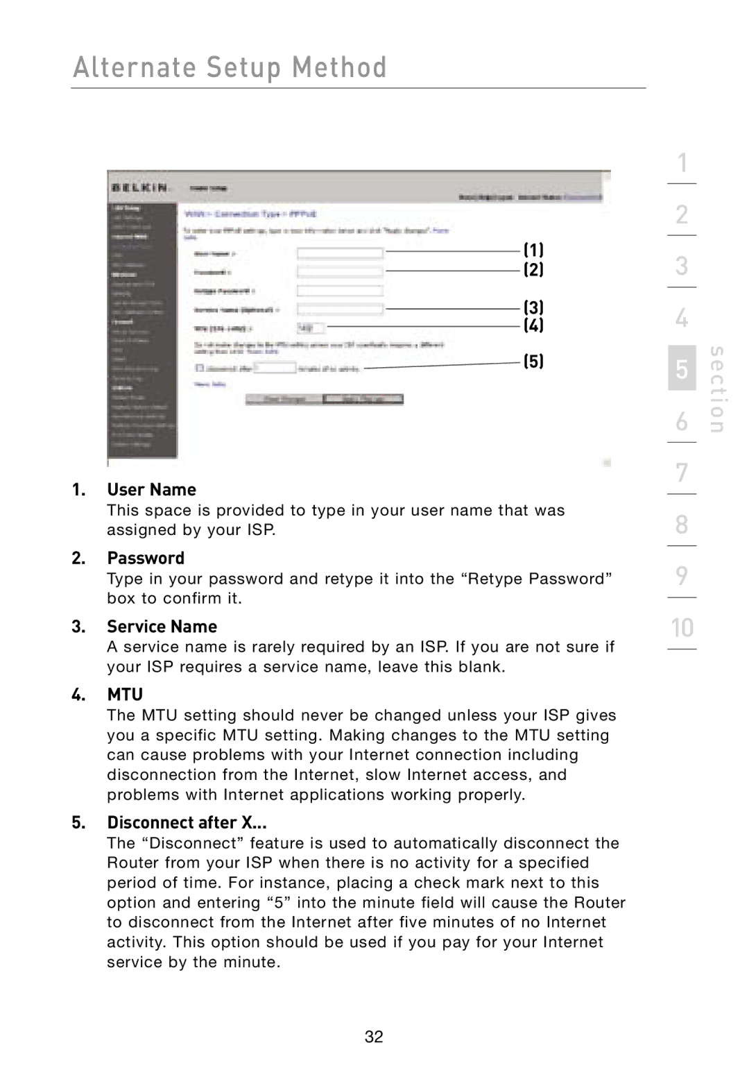 Belkin F5D8231-4 user manual User Name, Password, Service Name, Mtu, Disconnect after 