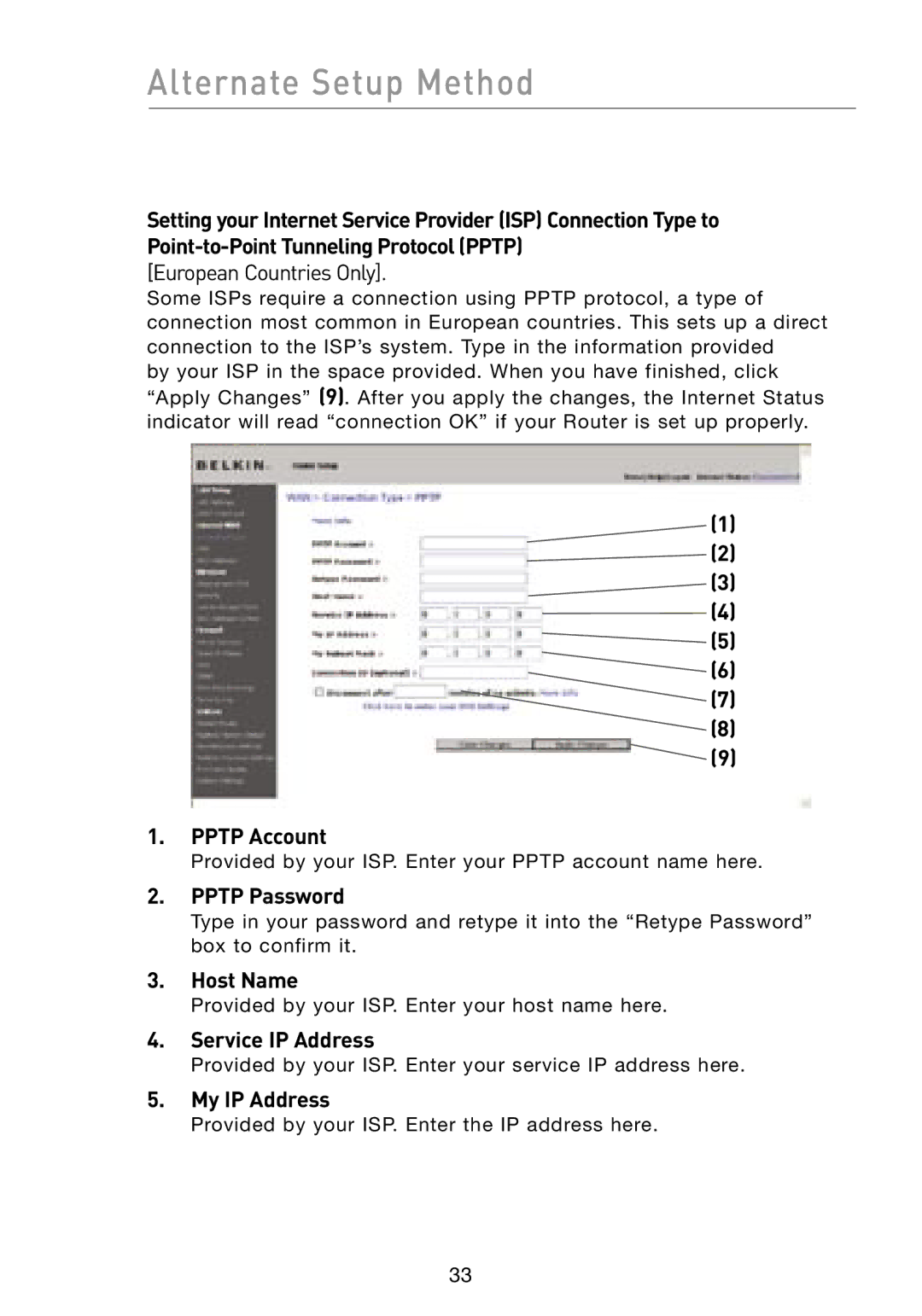 Belkin F5D8231-4 user manual Pptp Account, Pptp Password, Service IP Address, My IP Address 