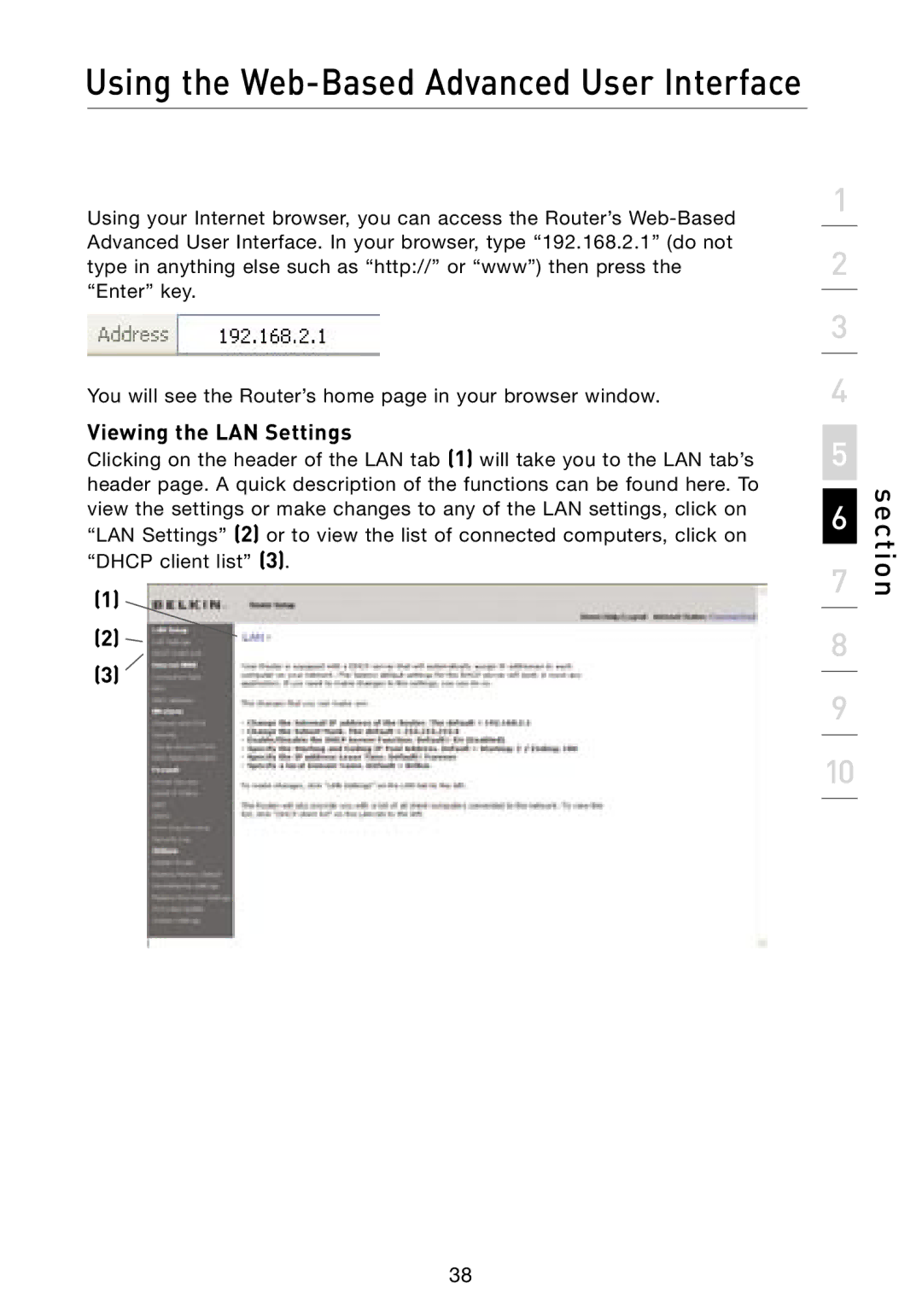 Belkin F5D8231-4 user manual Using the Web-Based Advanced User Interface, Viewing the LAN Settings 