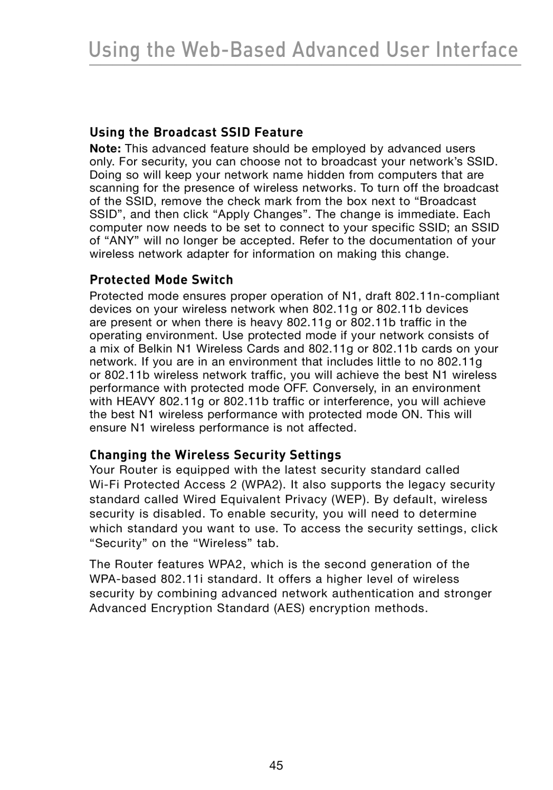 Belkin F5D8231-4 Using the Broadcast Ssid Feature Protected Mode Switch, Changing the Wireless Security Settings 