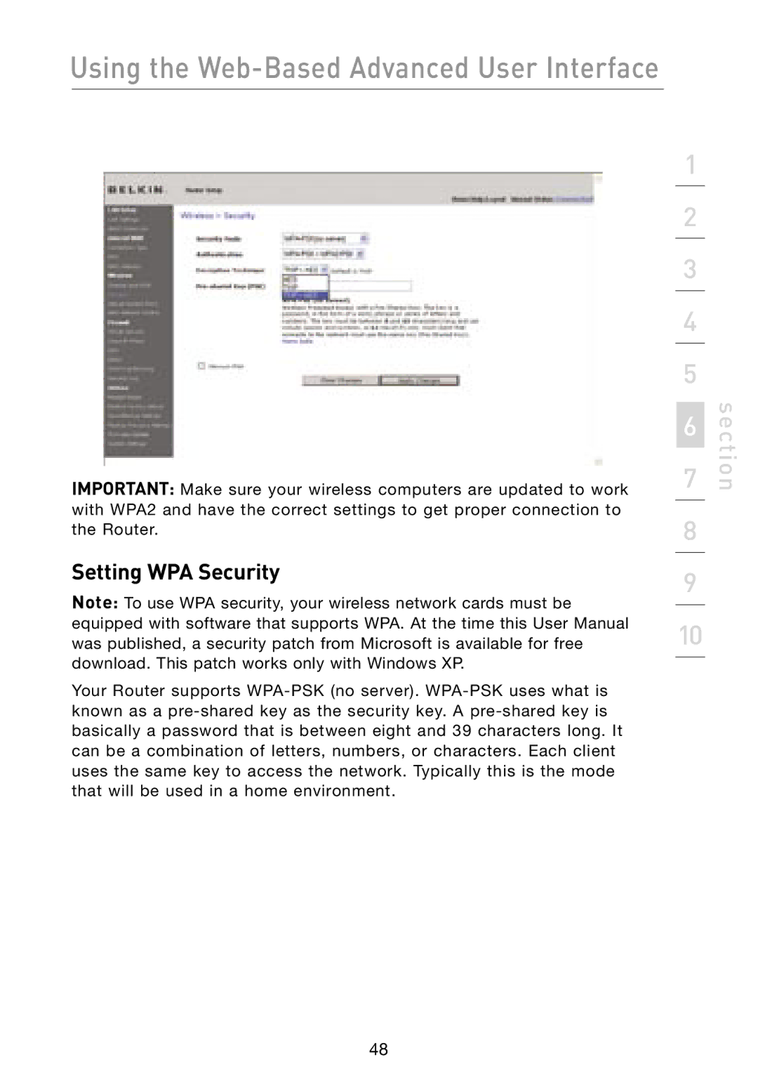 Belkin F5D8231-4 user manual Setting WPA Security 