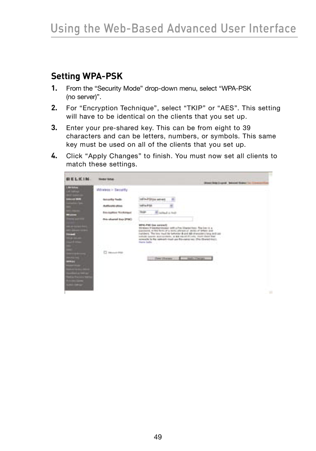 Belkin F5D8231-4 user manual Setting WPA-PSK 