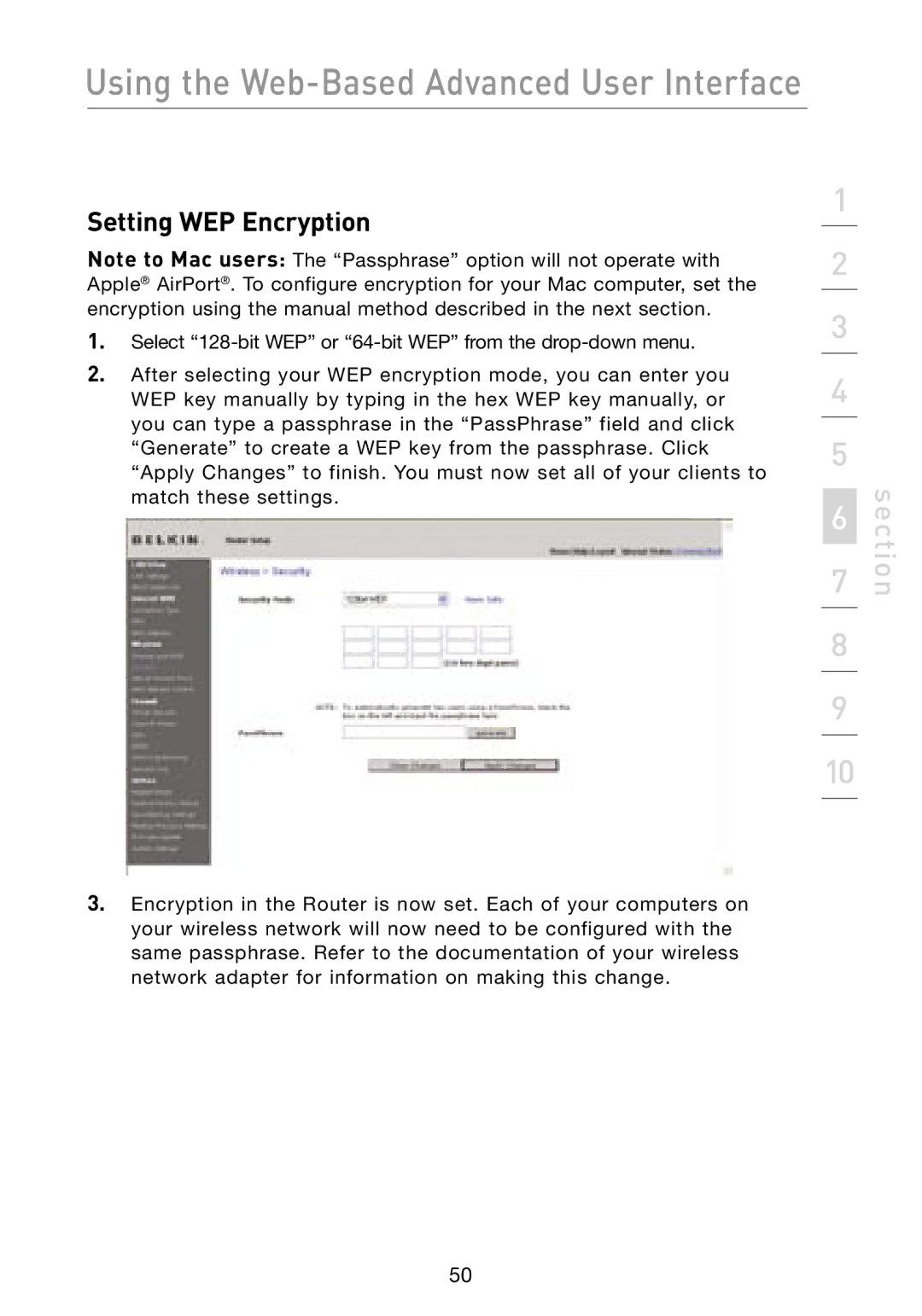 Belkin F5D8231-4 user manual Setting WEP Encryption 