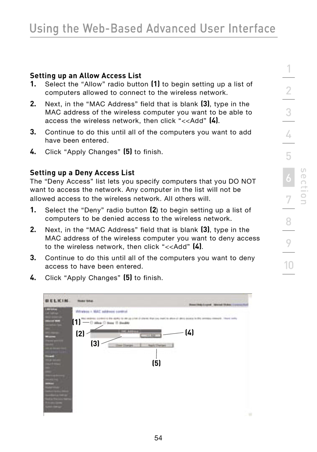 Belkin F5D8231-4 user manual Setting up an Allow Access List, Setting up a Deny Access List 