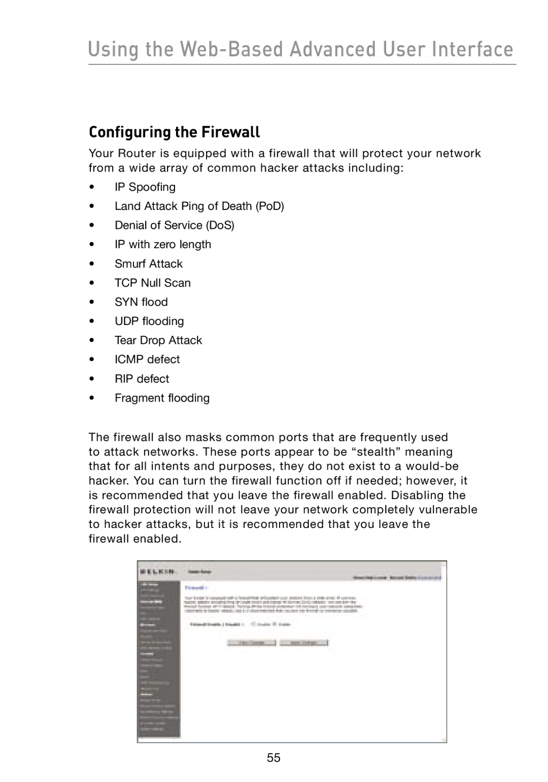 Belkin F5D8231-4 user manual Configuring the Firewall 