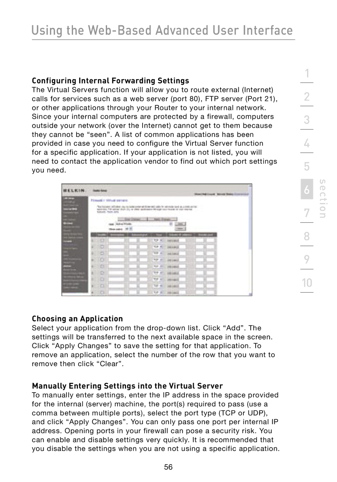 Belkin F5D8231-4 user manual Configuring Internal Forwarding Settings, Choosing an Application 