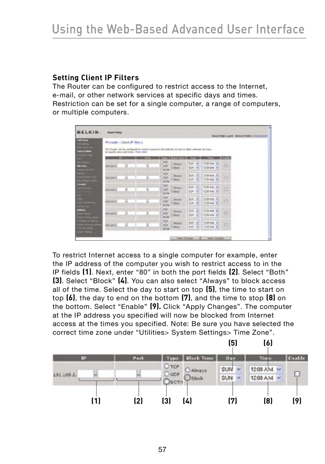 Belkin F5D8231-4 user manual Setting Client IP Filters 