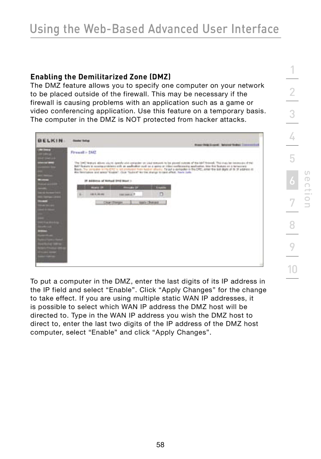 Belkin F5D8231-4 user manual Enabling the Demilitarized Zone DMZ 