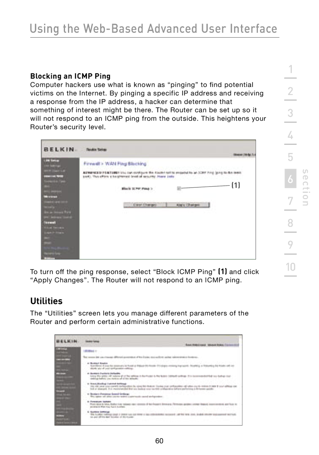 Belkin F5D8231-4 user manual Utilities, Blocking an Icmp Ping 