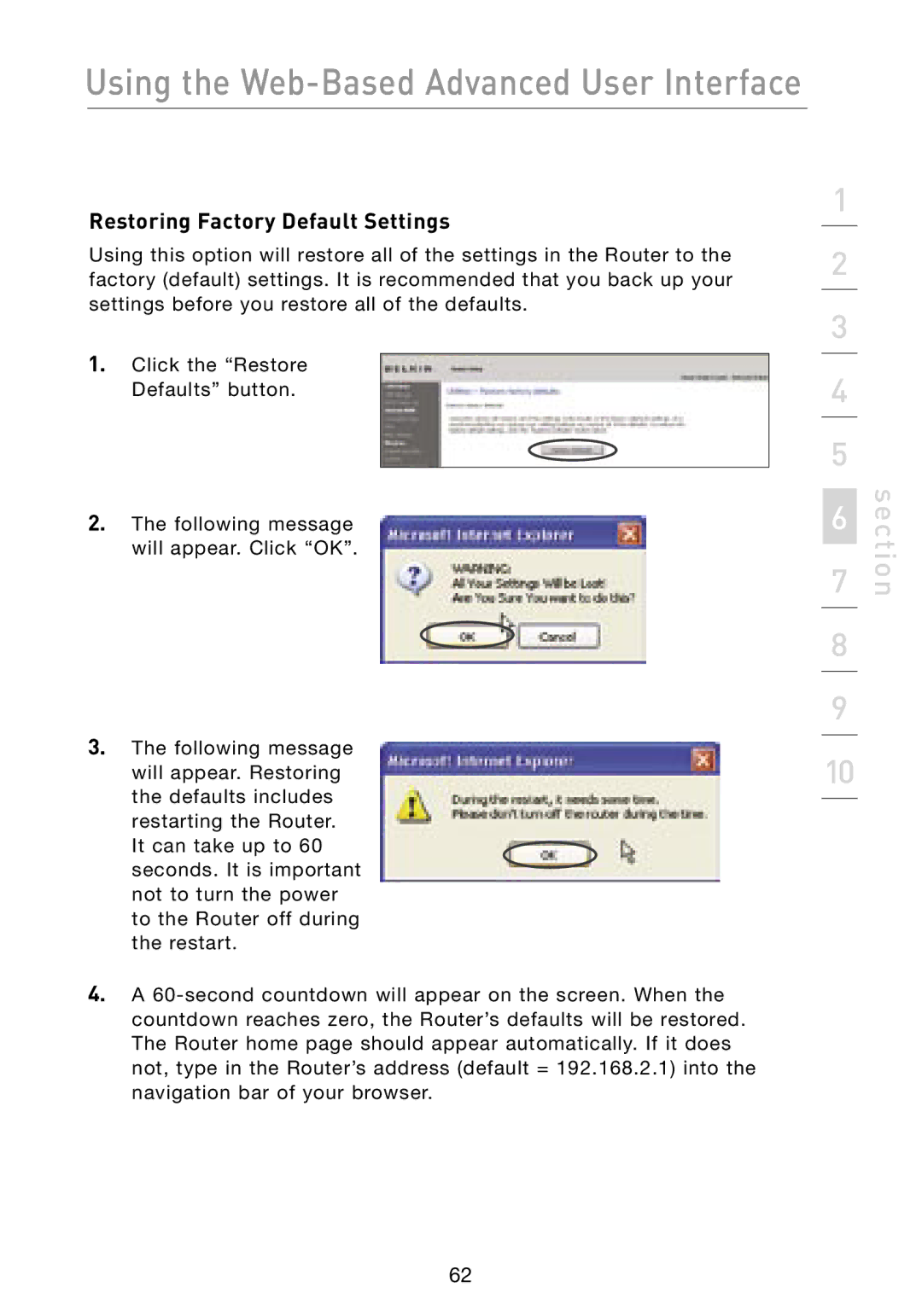 Belkin F5D8231-4 user manual Restoring Factory Default Settings 