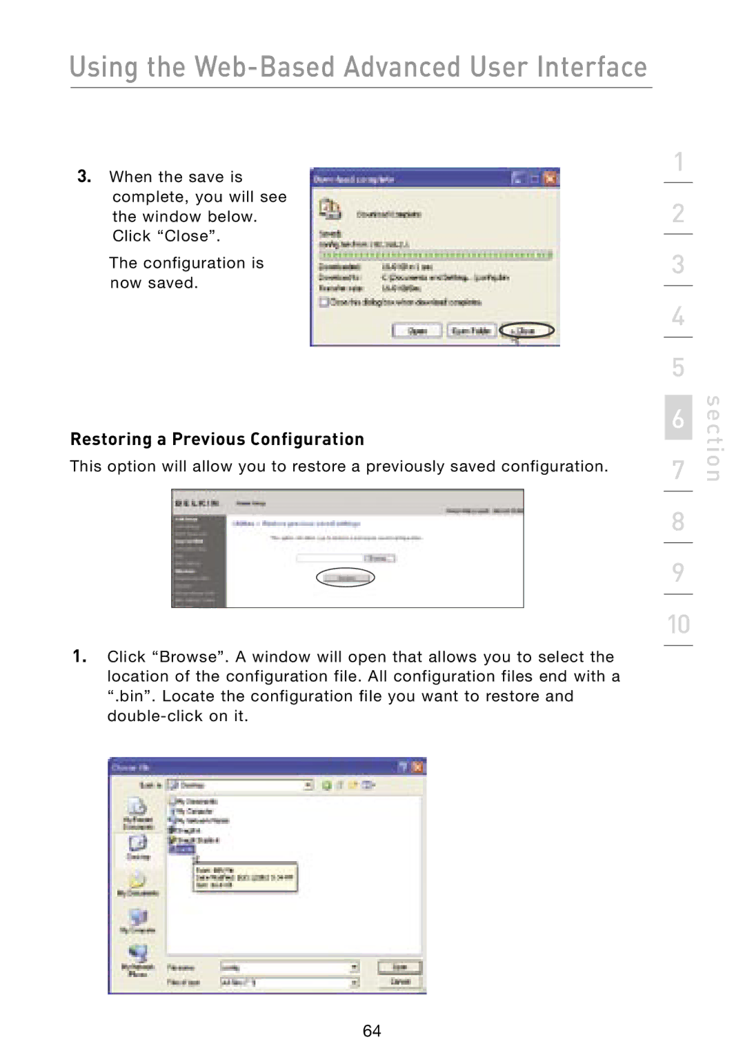 Belkin F5D8231-4 user manual Restoring a Previous Configuration 