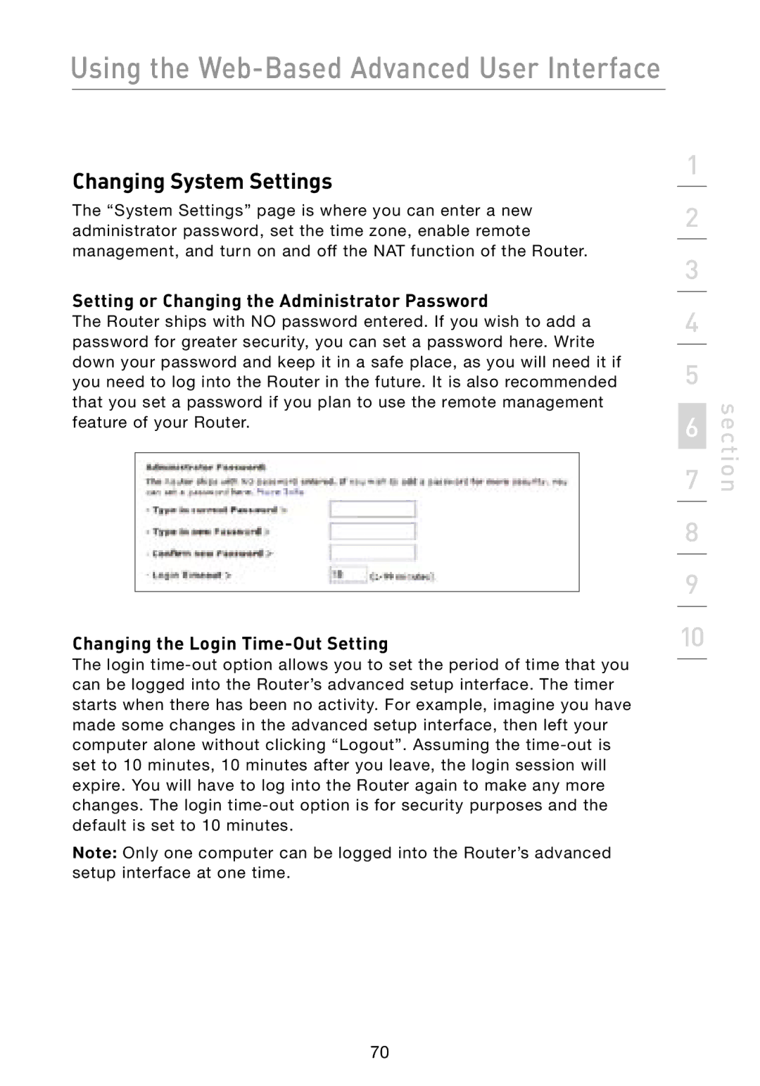 Belkin F5D8231-4 user manual Changing System Settings, Setting or Changing the Administrator Password 