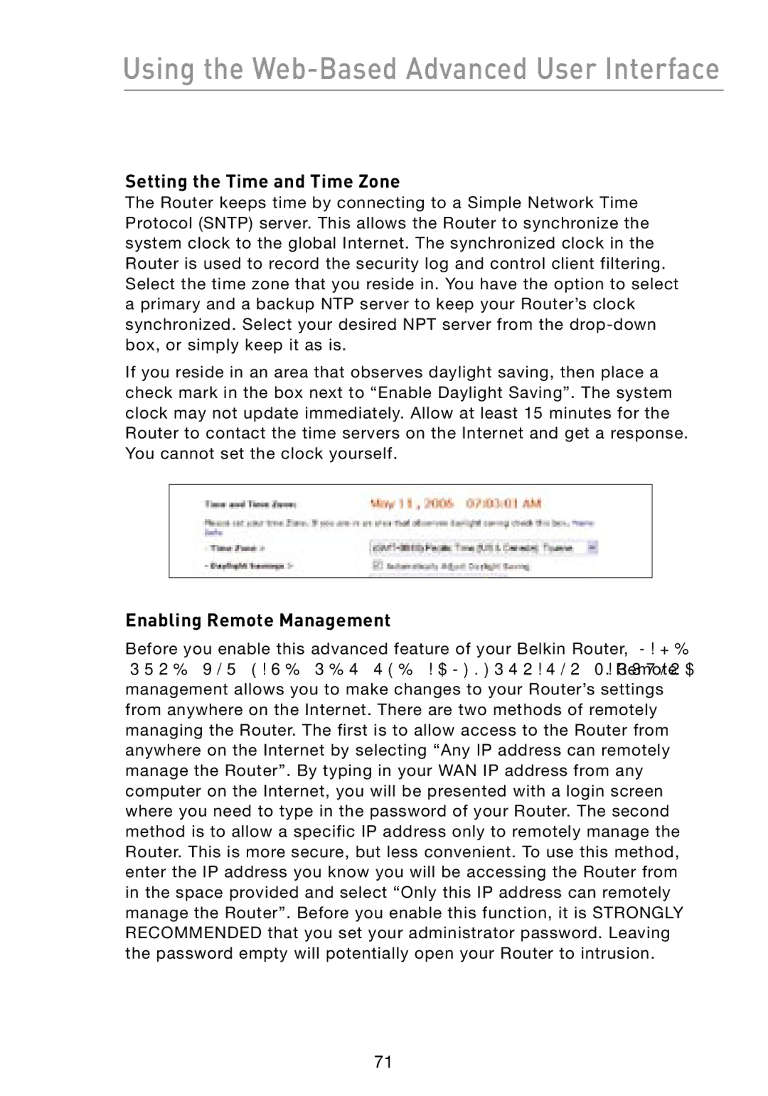 Belkin F5D8231-4 user manual Setting the Time and Time Zone, Enabling Remote Management 
