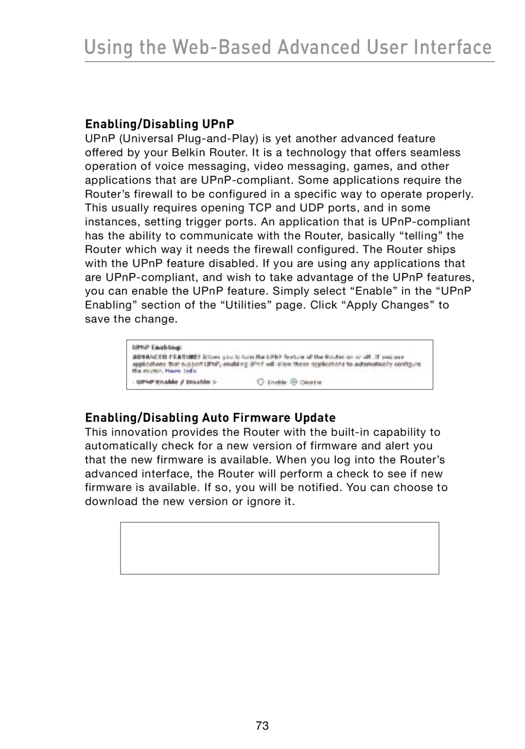 Belkin F5D8231-4 user manual Enabling/Disabling UPnP, Enabling/Disabling Auto Firmware Update 