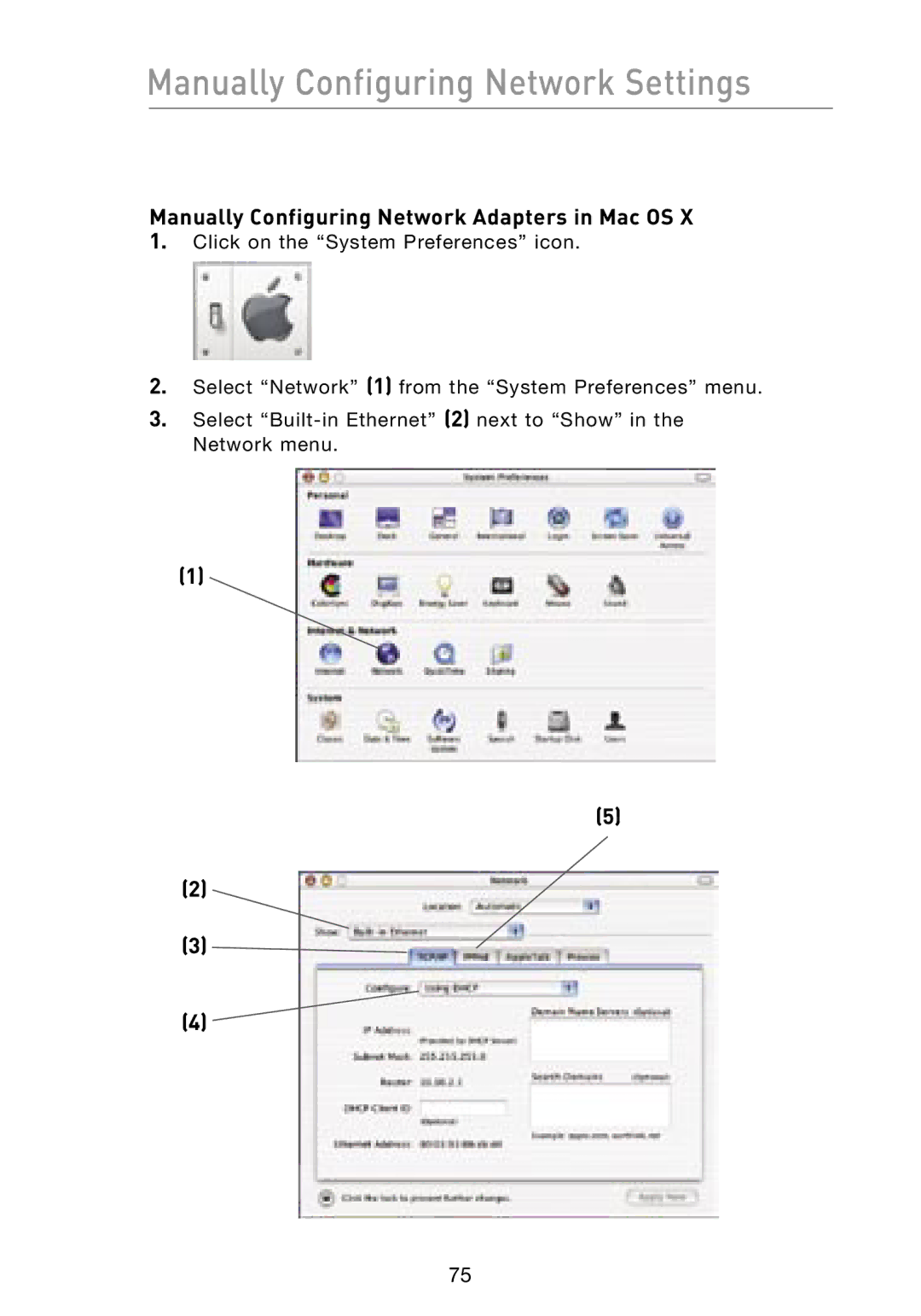 Belkin F5D8231-4 user manual Manually Configuring Network Settings, Manually Configuring Network Adapters in Mac OS 