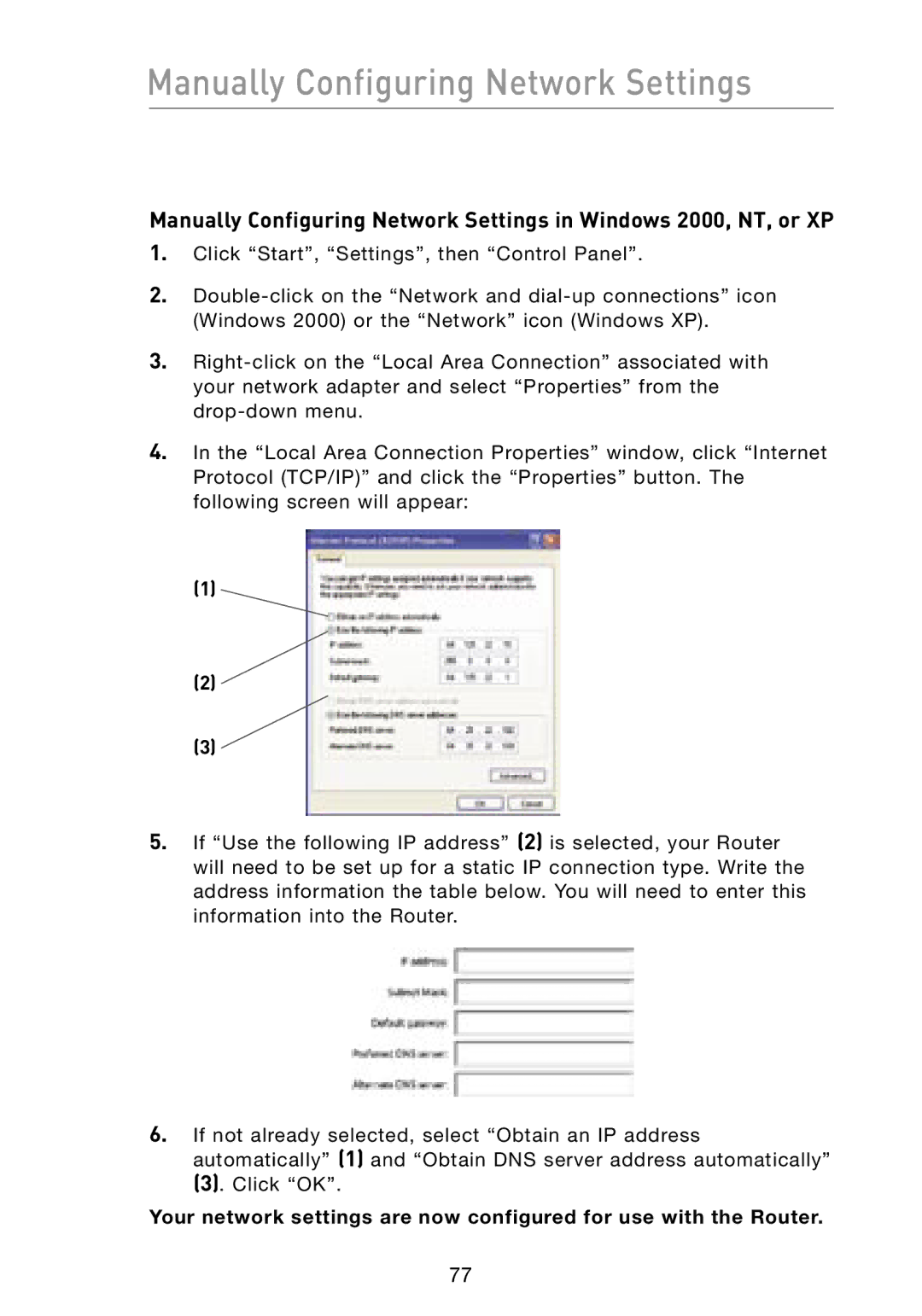 Belkin F5D8231-4 user manual Manually Configuring Network Settings 