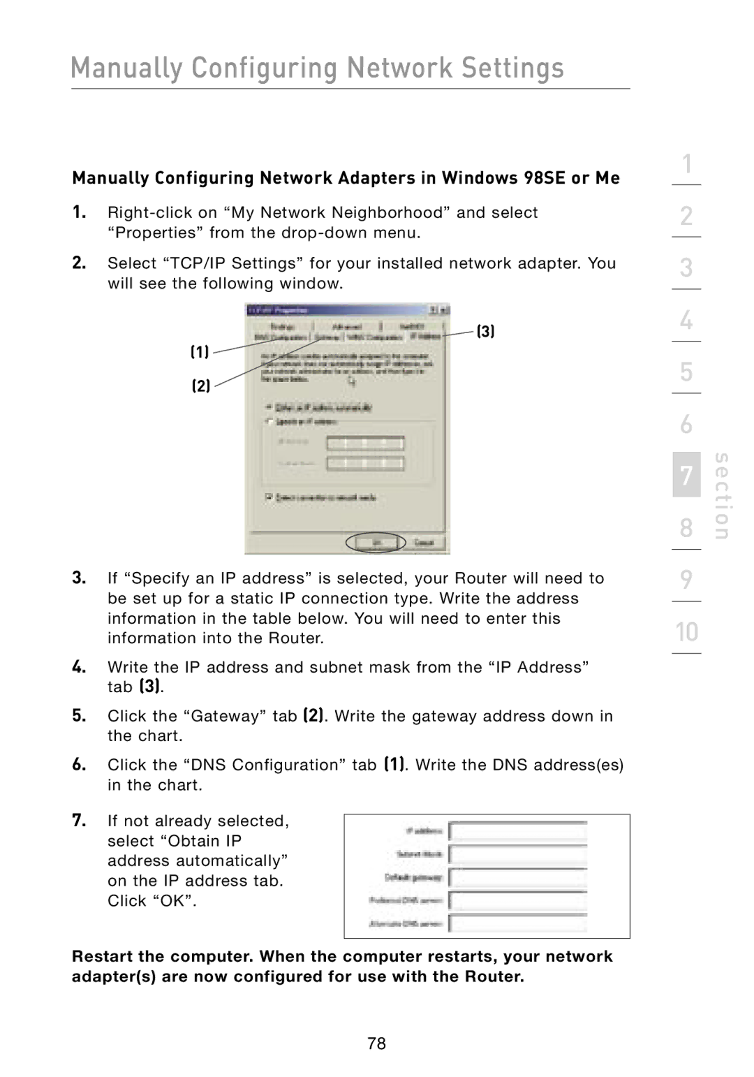 Belkin F5D8231-4 user manual Manually Configuring Network Adapters in Windows 98SE or Me 