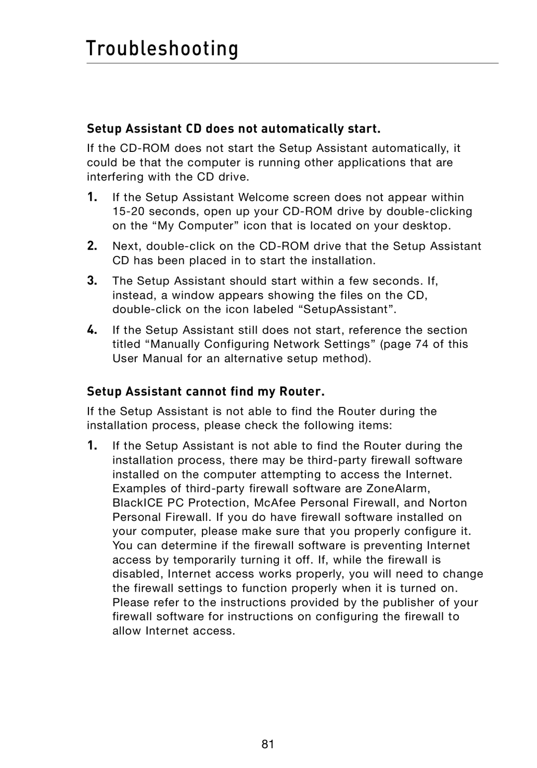 Belkin F5D8231-4 Troubleshooting, Setup Assistant CD does not automatically start, Setup Assistant cannot find my Router 