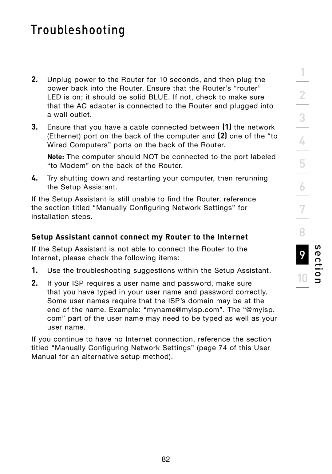 Belkin F5D8231-4 user manual Setup Assistant cannot connect my Router to the Internet 