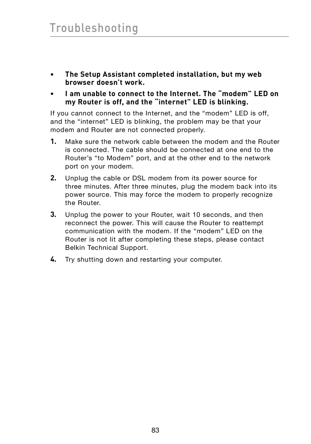 Belkin F5D8231-4 user manual Troubleshooting 