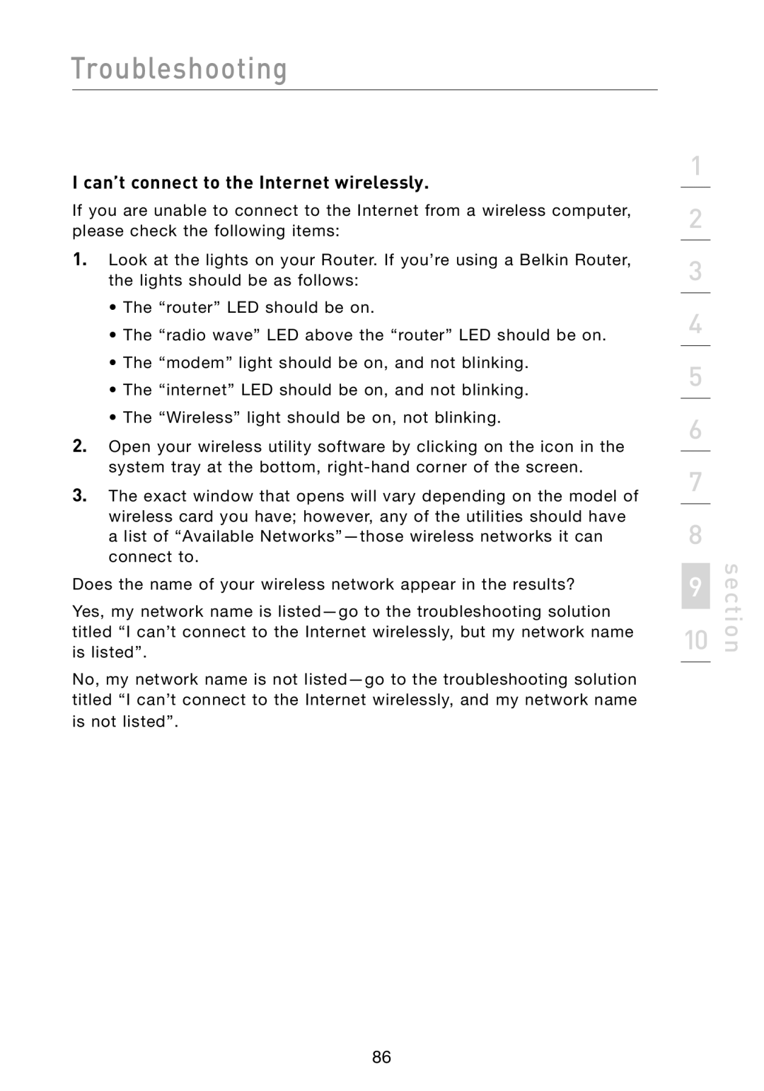 Belkin F5D8231-4 user manual Can’t connect to the Internet wirelessly 