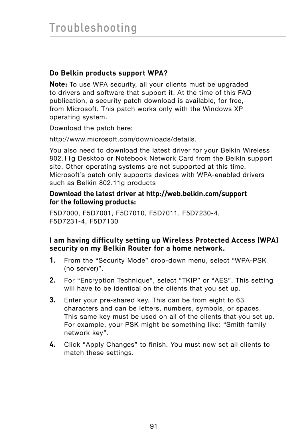 Belkin F5D8231-4 user manual Do Belkin products support WPA? 