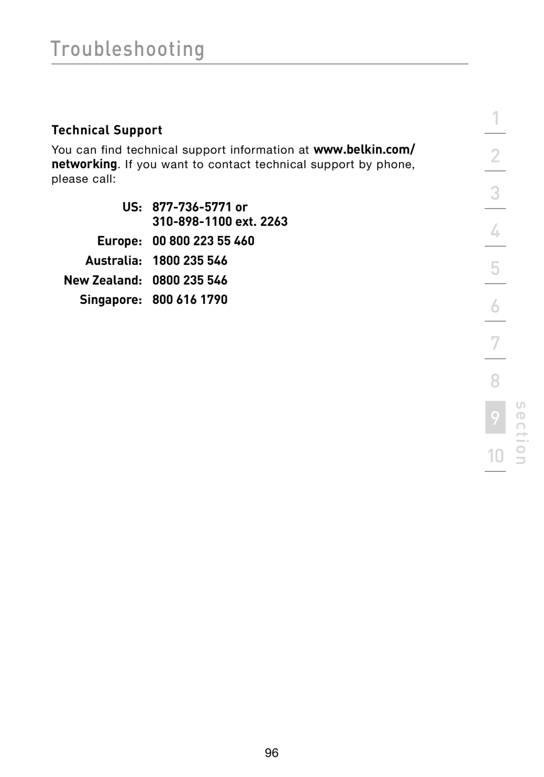 Belkin F5D8231-4 user manual Technical Support, US 877-736-5771 or 310-898-1100 ext 