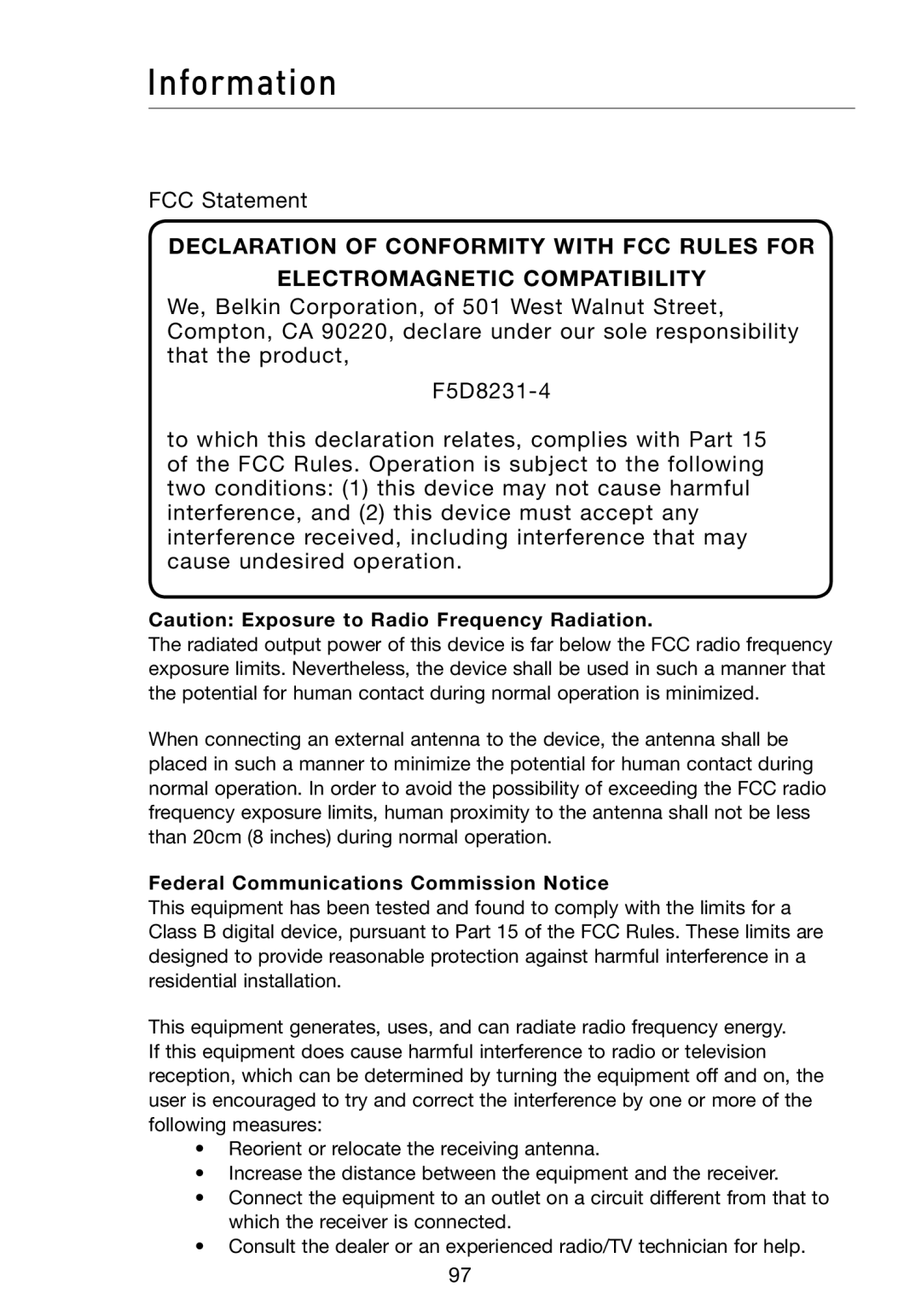 Belkin F5D8231-4 user manual Information, Federal Communications Commission Notice 