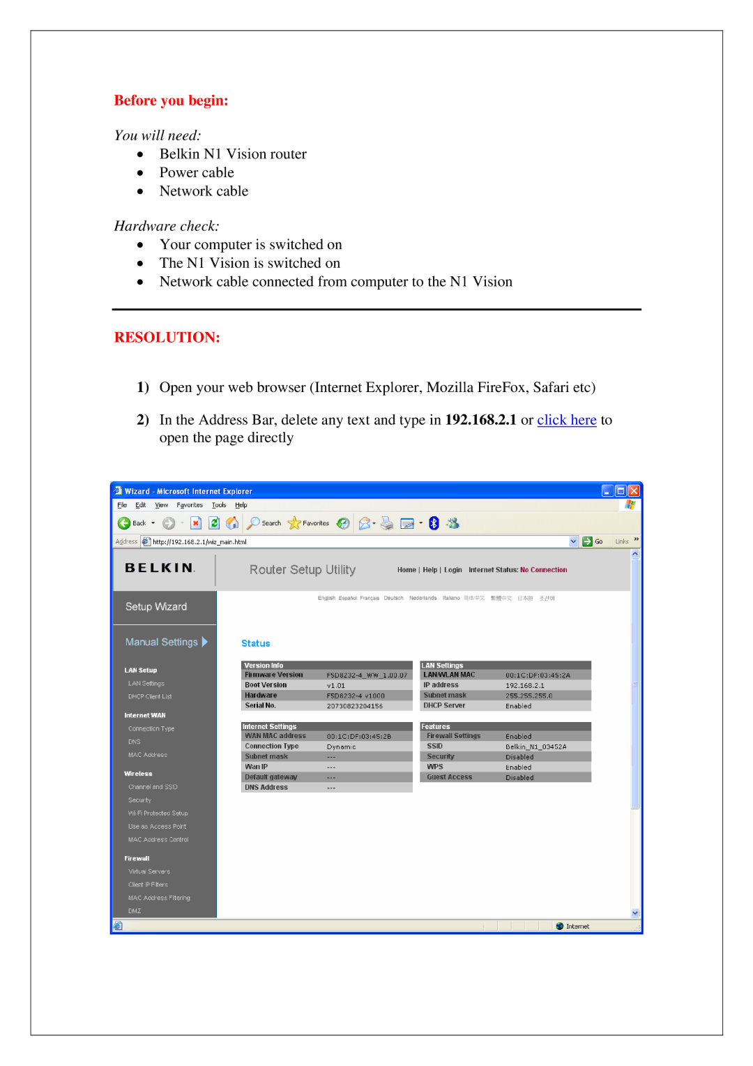 Belkin F5D8232AU4 manual Resolution 